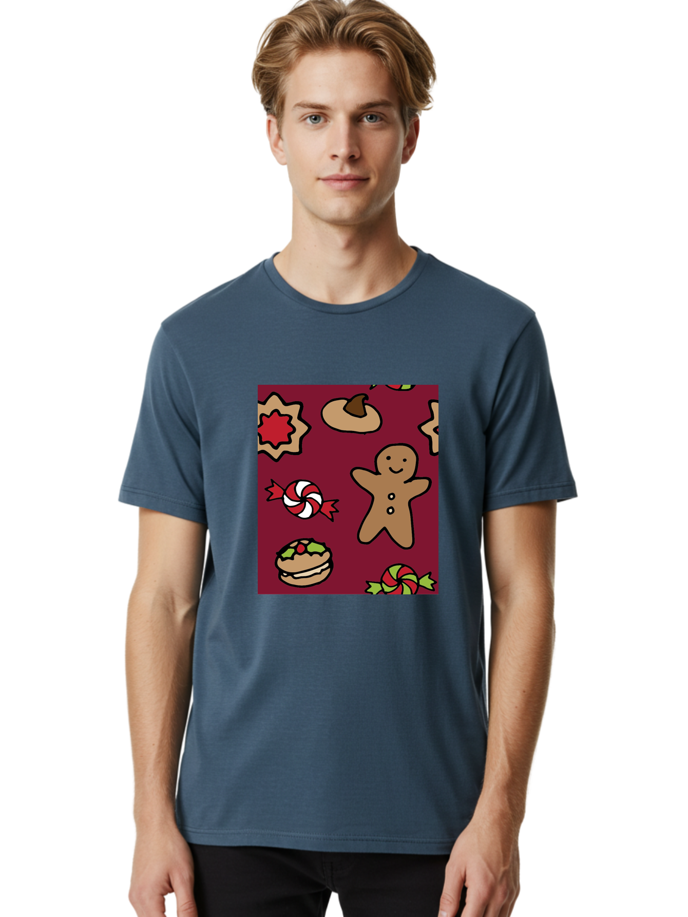 Gingerbread-Man Men'S Graphic Tee, 100% Cotton, Comfortable Casual Summer Wear, Machine Washable, Gingerbread Man, Christmas Sweets, Candies, Cookies, Festive Treats, Holiday Delights, Red And White Swirls, Christmas Cookies, -  Aaa903 14