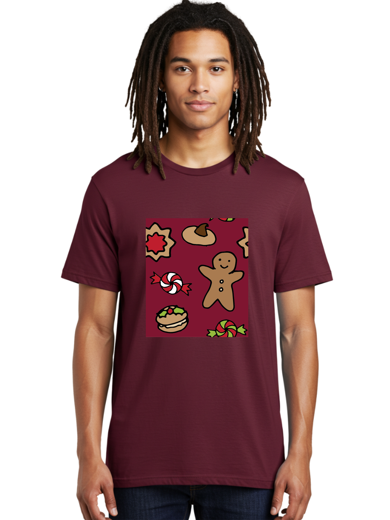 Gingerbread-Man Men'S Graphic Tee, 100% Cotton, Comfortable Casual Summer Wear, Machine Washable, Gingerbread Man, Christmas Sweets, Candies, Cookies, Festive Treats, Holiday Delights, Red And White Swirls, Christmas Cookies, -  Aaa903 8