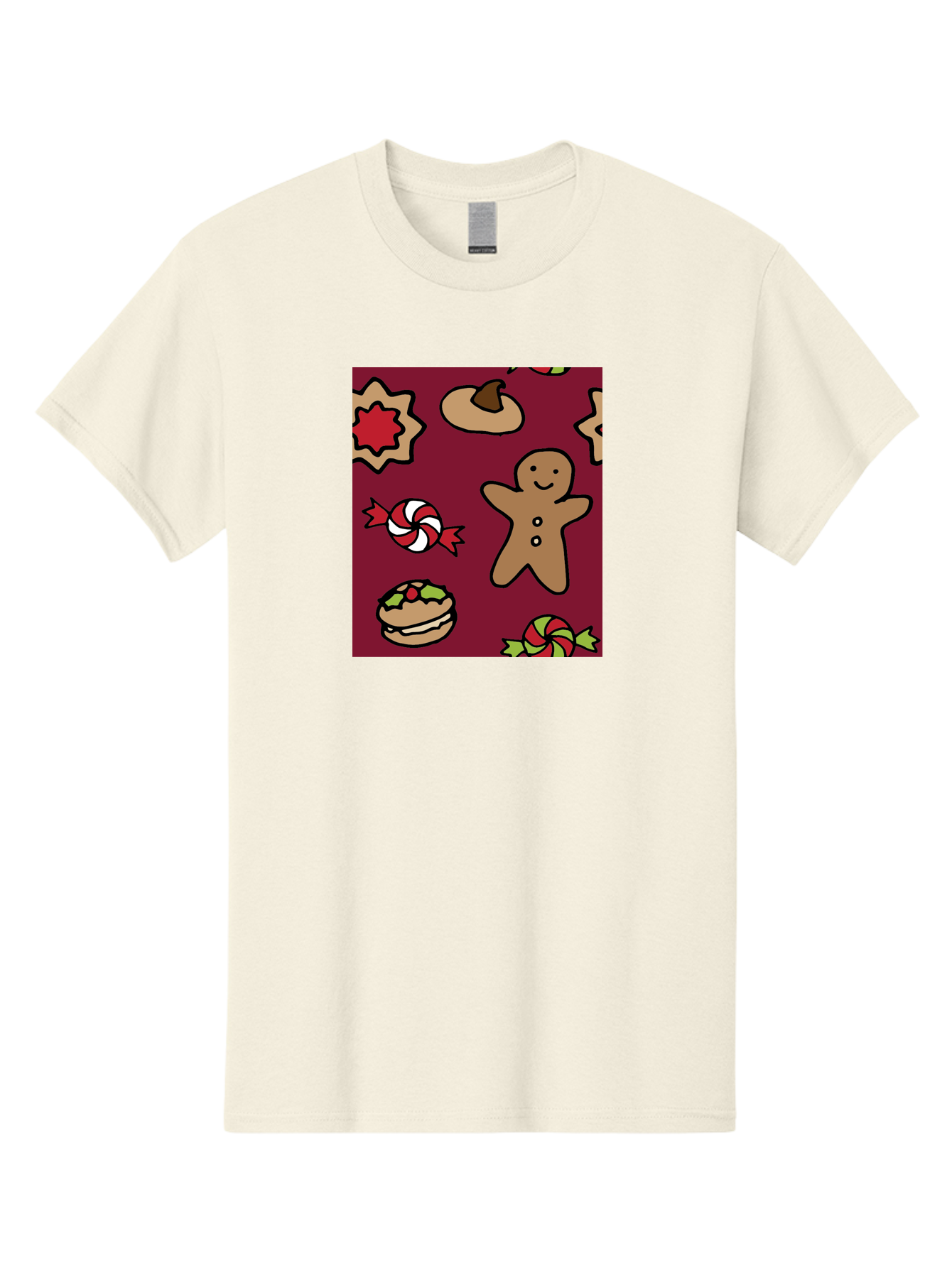 Gingerbread-Man Men'S Graphic Tee, 100% Cotton, Comfortable Casual Summer Wear, Machine Washable, Gingerbread Man, Christmas Sweets, Candies, Cookies, Festive Treats, Holiday Delights, Red And White Swirls, Christmas Cookies, -  Aaa903 3