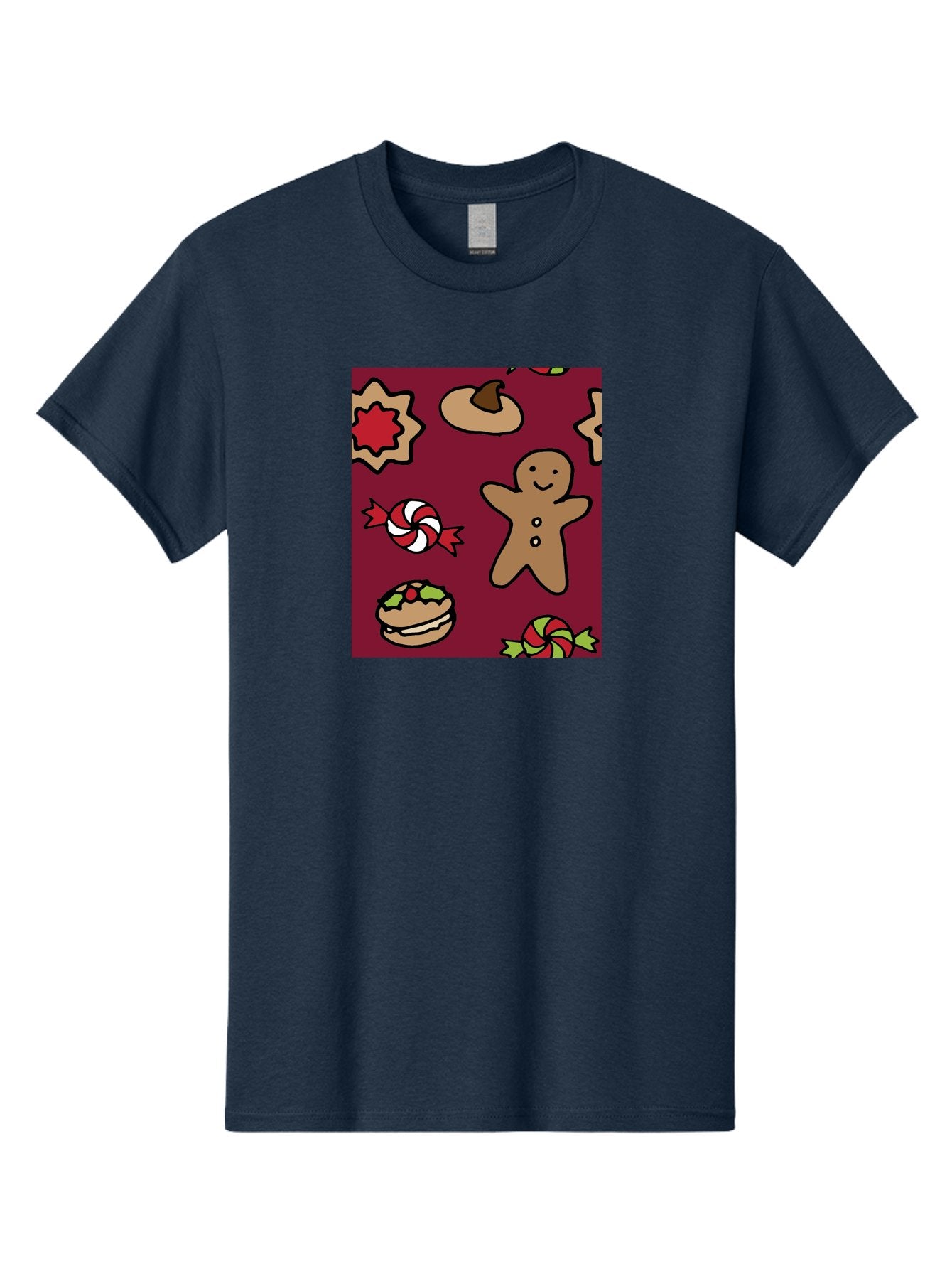 Gingerbread-Man Men'S Graphic Tee, 100% Cotton, Comfortable Casual Summer Wear, Machine Washable, Gingerbread Man, Christmas Sweets, Candies, Cookies, Festive Treats, Holiday Delights, Red And White Swirls, Christmas Cookies, -  Aaa903