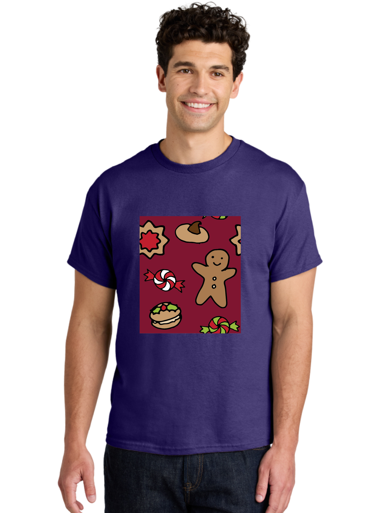 Gingerbread-Man Men'S Graphic Tee, 100% Cotton, Comfortable Casual Summer Wear, Machine Washable, Gingerbread Man, Christmas Sweets, Candies, Cookies, Festive Treats, Holiday Delights, Red And White Swirls, Christmas Cookies, -  Aaa903 24