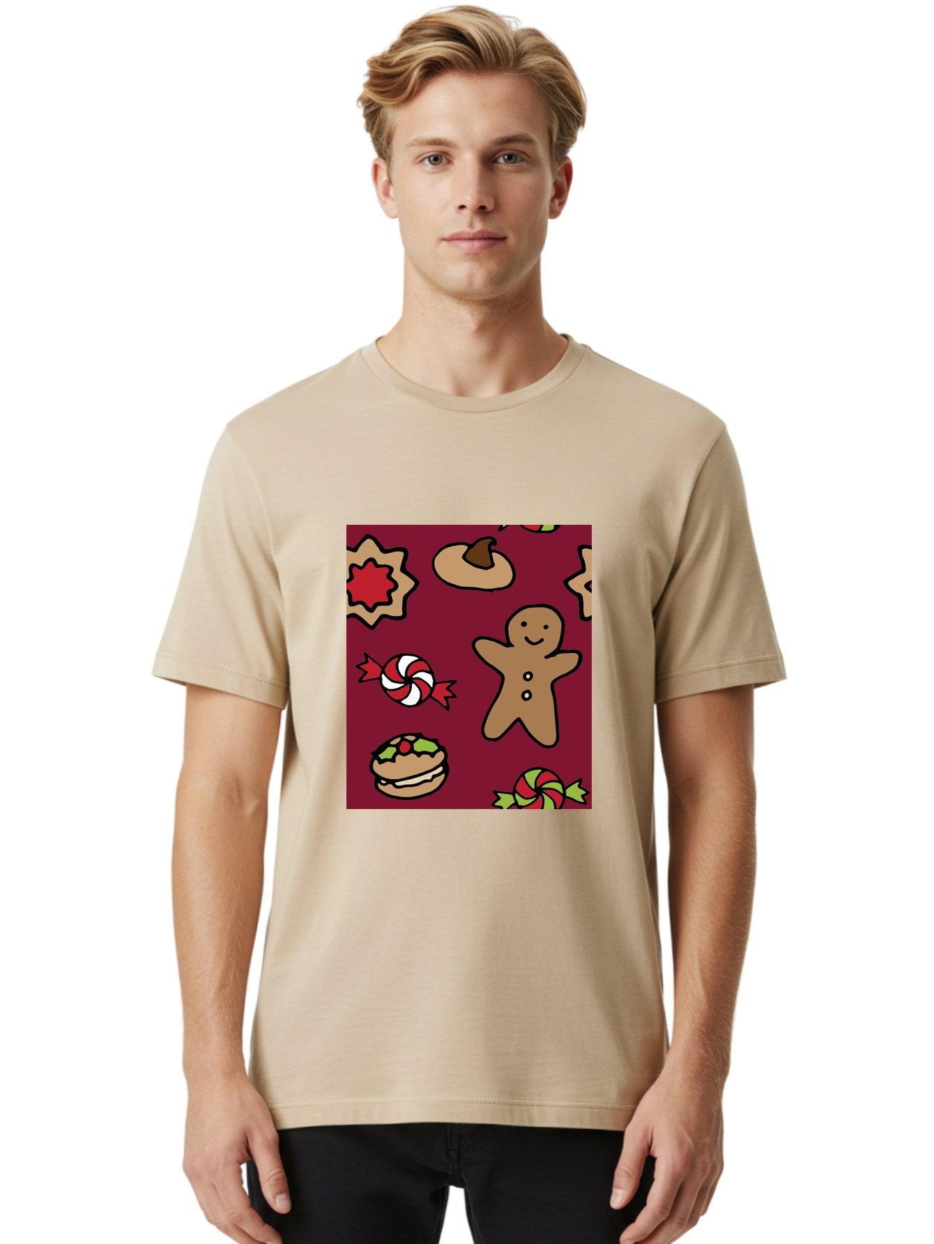 Gingerbread-Man Men'S Graphic Tee, 100% Cotton, Comfortable Casual Summer Wear, Machine Washable, Gingerbread Man, Christmas Sweets, Candies, Cookies, Festive Treats, Holiday Delights, Red And White Swirls, Christmas Cookies, -  Aaa903 26