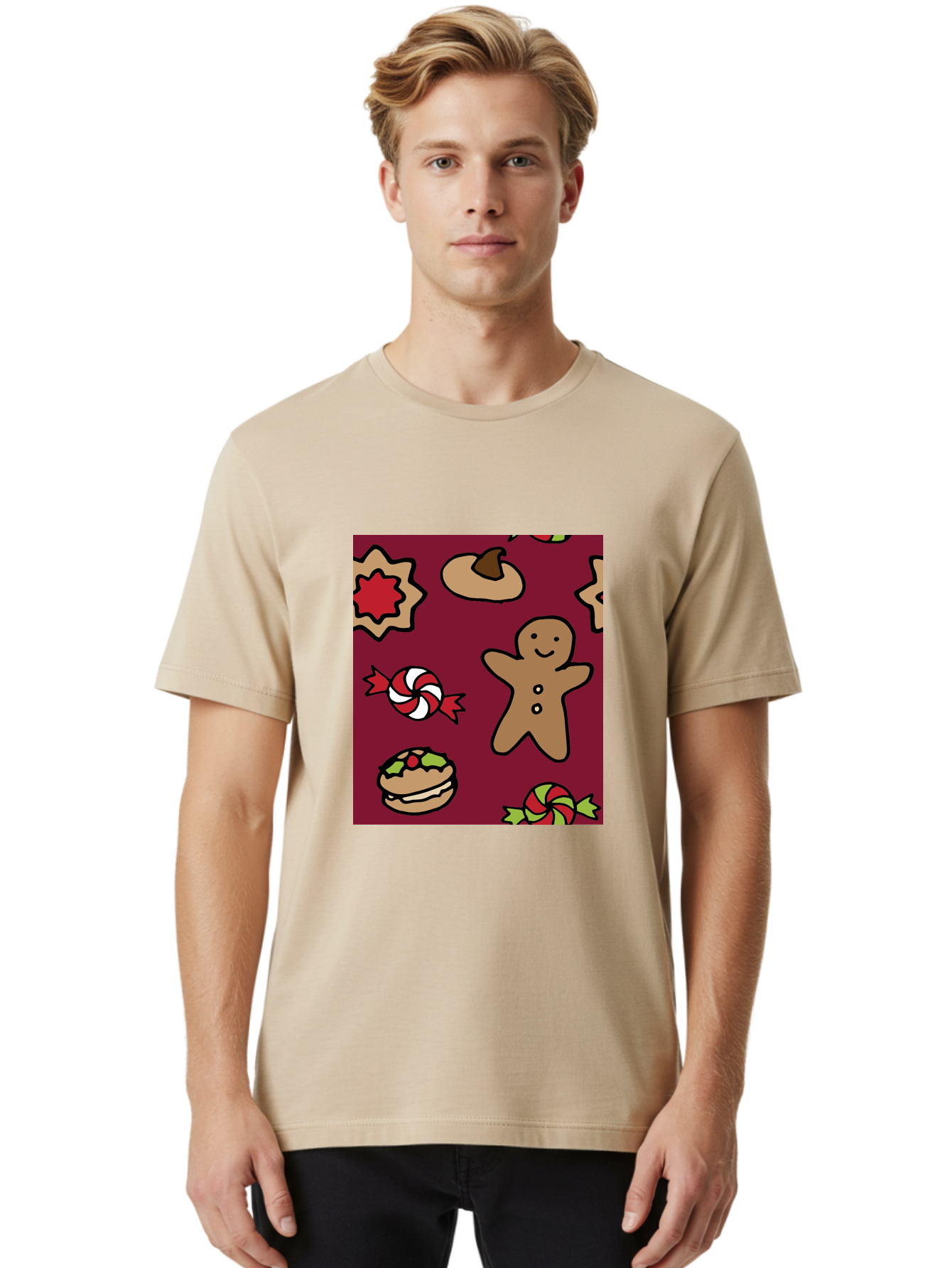 Gingerbread-Man Men'S Graphic Tee, 100% Cotton, Comfortable Casual Summer Wear, Machine Washable, Gingerbread Man, Christmas Sweets, Candies, Cookies, Festive Treats, Holiday Delights, Red And White Swirls, Christmas Cookies, -  Aaa903 28