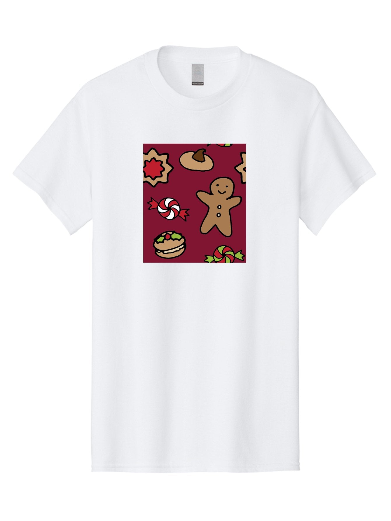Gingerbread-Man Men'S Graphic Tee, 100% Cotton, Comfortable Casual Summer Wear, Machine Washable, Gingerbread Man, Christmas Sweets, Candies, Cookies, Festive Treats, Holiday Delights, Red And White Swirls, Christmas Cookies, -  Aaa903 12