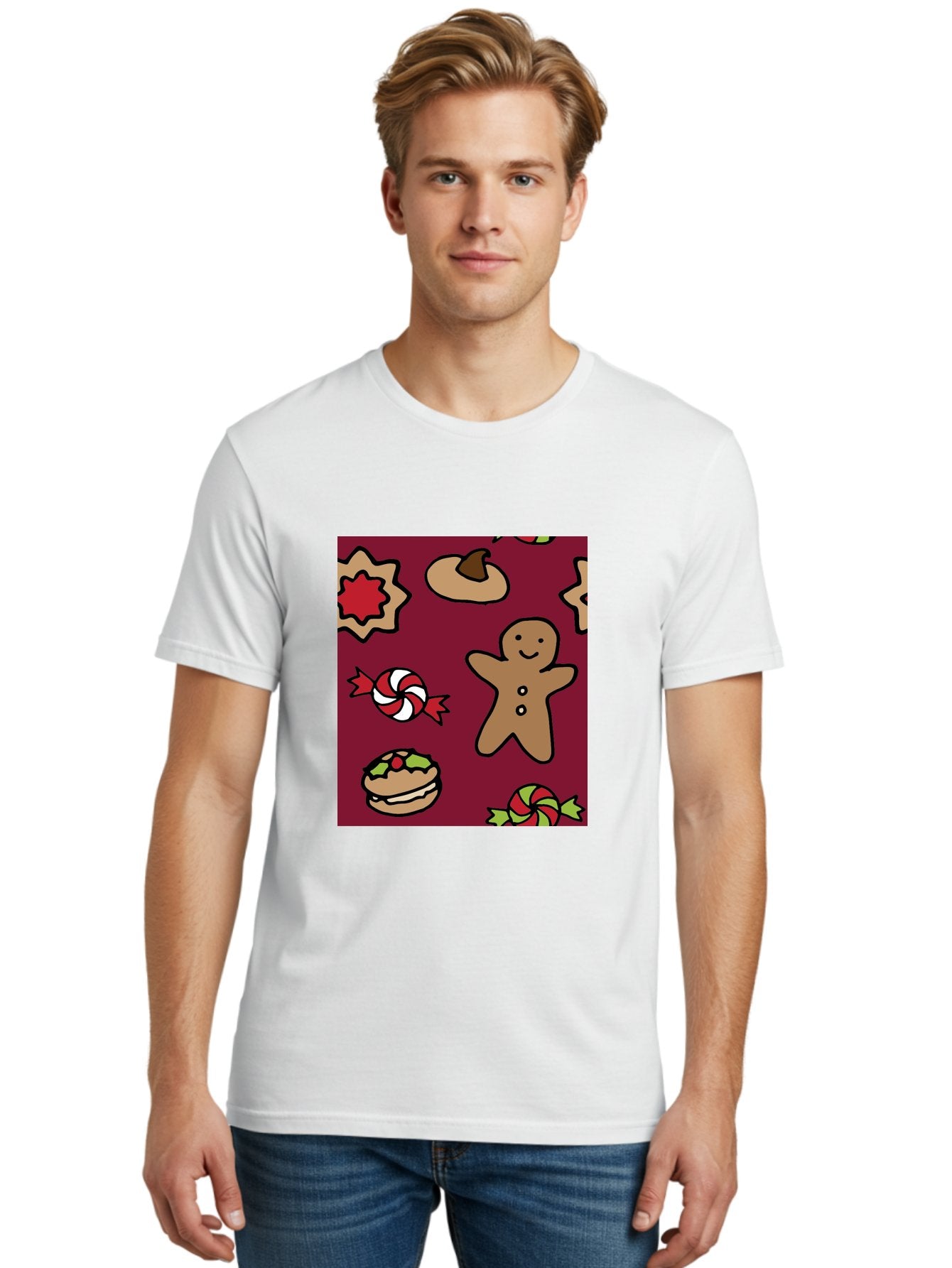 Gingerbread-Man Men'S Graphic Tee, 100% Cotton, Comfortable Casual Summer Wear, Machine Washable, Gingerbread Man, Christmas Sweets, Candies, Cookies, Festive Treats, Holiday Delights, Red And White Swirls, Christmas Cookies, -  Aaa903 28