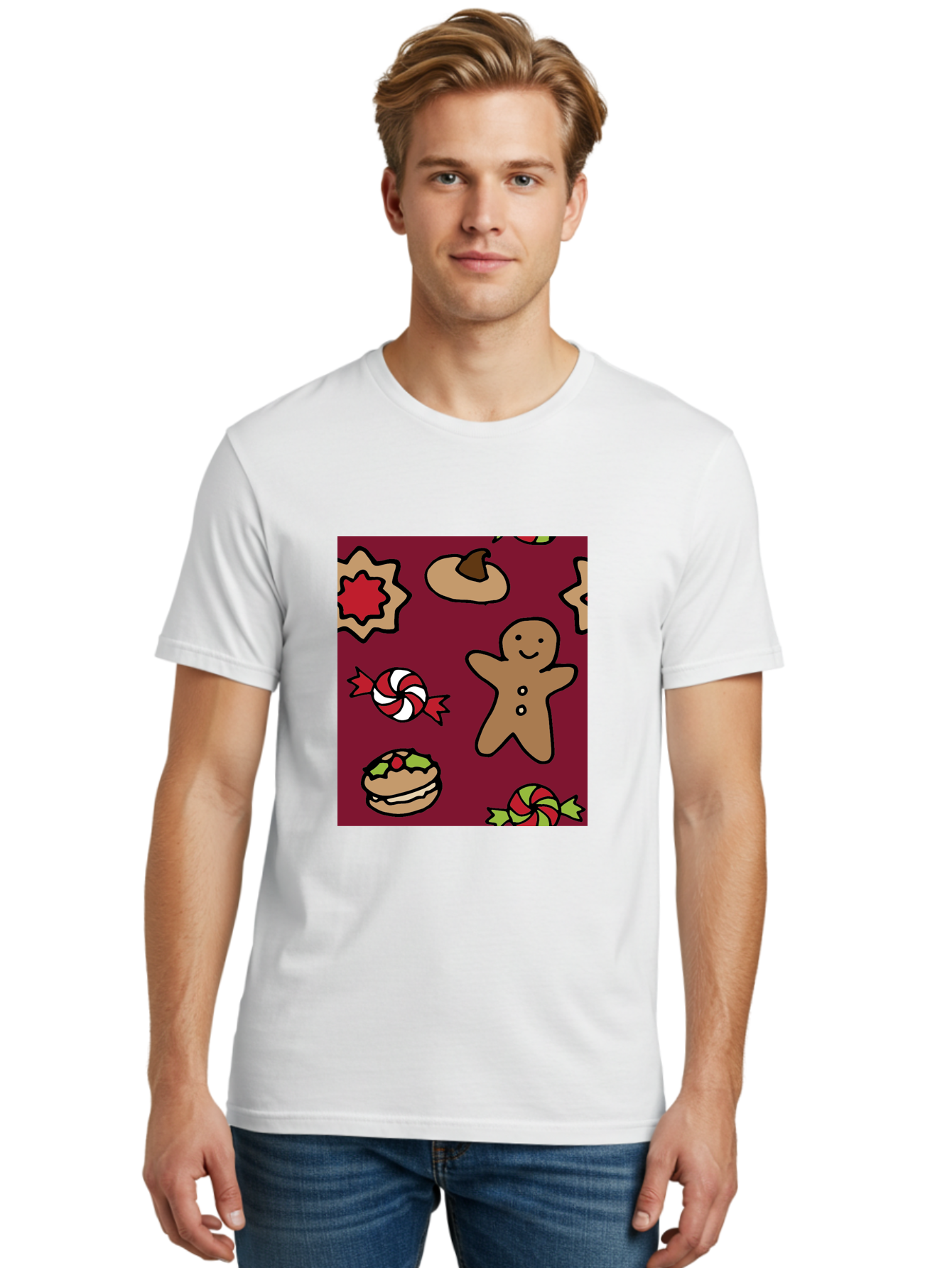 Gingerbread-Man Men'S Graphic Tee, 100% Cotton, Comfortable Casual Summer Wear, Machine Washable, Gingerbread Man, Christmas Sweets, Candies, Cookies, Festive Treats, Holiday Delights, Red And White Swirls, Christmas Cookies, -  Aaa903 20
