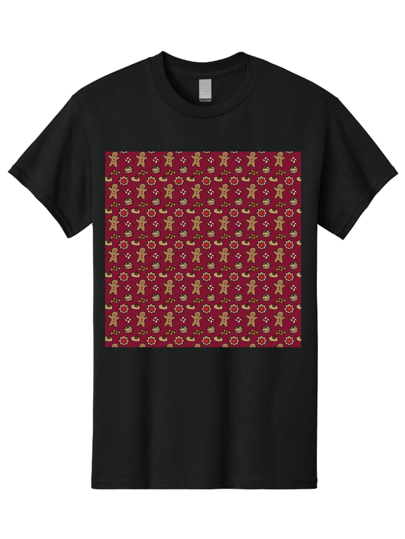 Gingerbread-Men-Pattern Men'S Graphic Tee, 100% Cotton, Comfortable Casual Summer Wear, Machine Washable, Gingerbread Men, Festive Holiday Pattern, Christmas Treats, Candy Canes, Cupcakes, Flowers, Red Background, Sweet Delights, Baking, -  Aaa904 11
