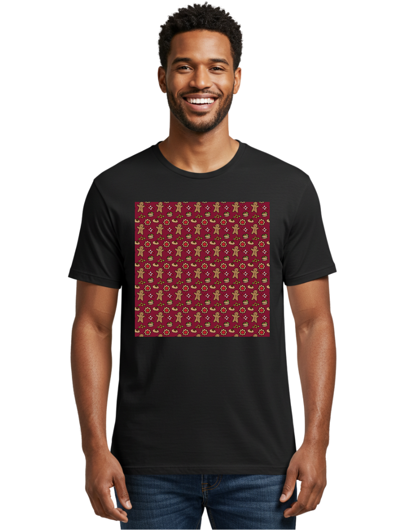Gingerbread-Men-Pattern Men'S Graphic Tee, 100% Cotton, Comfortable Casual Summer Wear, Machine Washable, Gingerbread Men, Festive Holiday Pattern, Christmas Treats, Candy Canes, Cupcakes, Flowers, Red Background, Sweet Delights, Baking, -  Aaa904