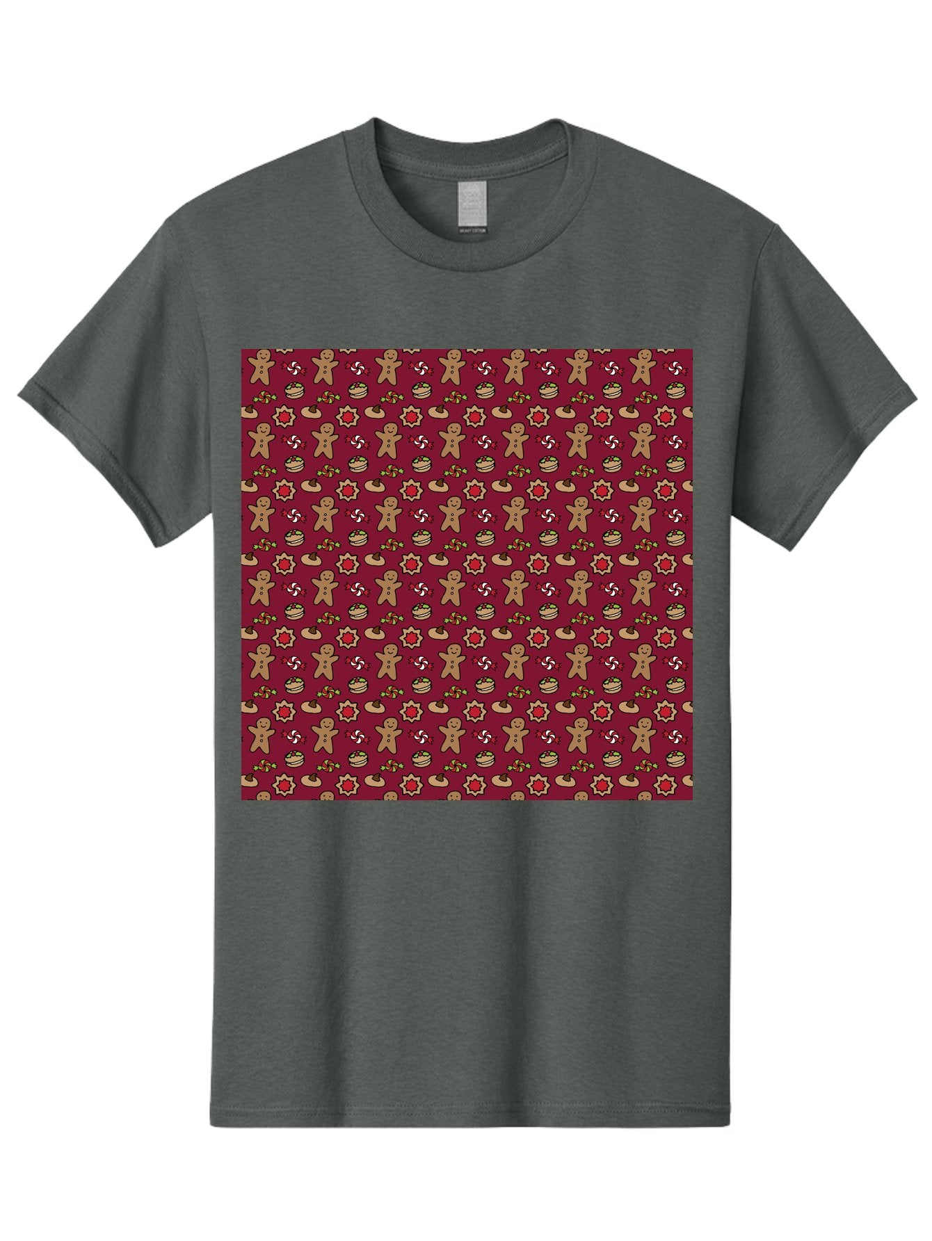 Gingerbread-Men-Pattern Men'S Graphic Tee, 100% Cotton, Comfortable Casual Summer Wear, Machine Washable, Gingerbread Men, Festive Holiday Pattern, Christmas Treats, Candy Canes, Cupcakes, Flowers, Red Background, Sweet Delights, Baking, -  Aaa904 3