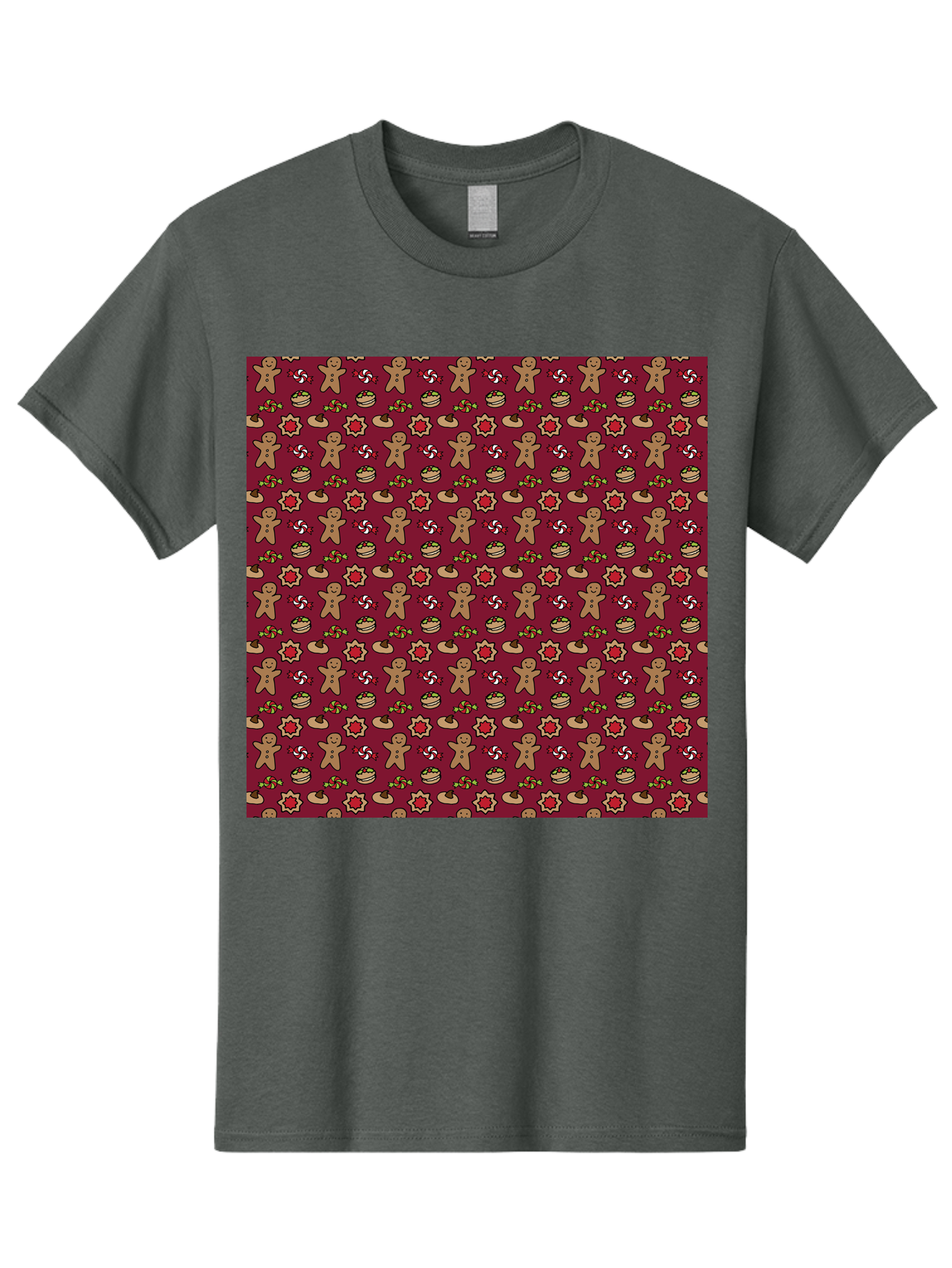 Gingerbread-Men-Pattern Men'S Graphic Tee, 100% Cotton, Comfortable Casual Summer Wear, Machine Washable, Gingerbread Men, Festive Holiday Pattern, Christmas Treats, Candy Canes, Cupcakes, Flowers, Red Background, Sweet Delights, Baking, -  Aaa904 23