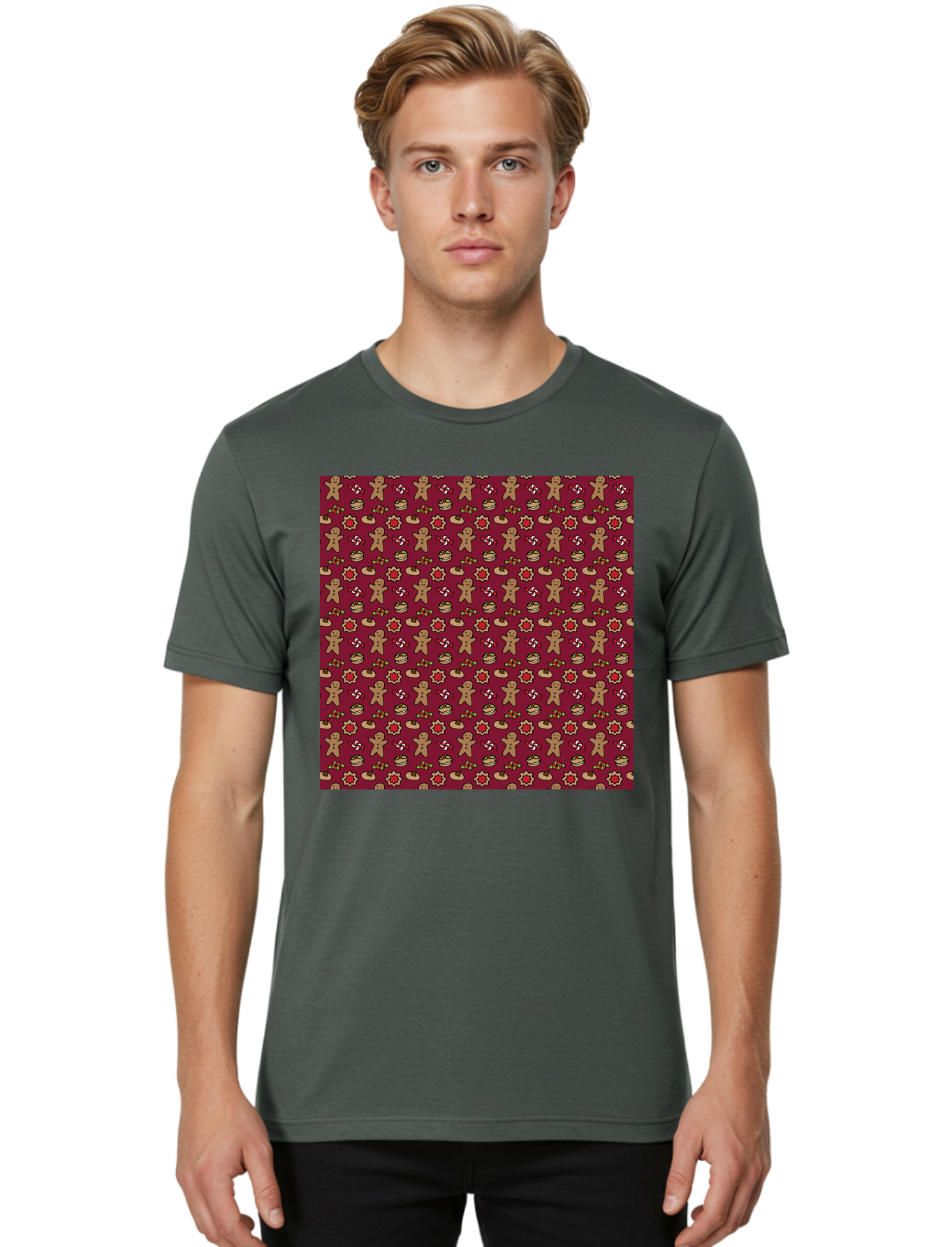 Gingerbread-Men-Pattern Men'S Graphic Tee, 100% Cotton, Comfortable Casual Summer Wear, Machine Washable, Gingerbread Men, Festive Holiday Pattern, Christmas Treats, Candy Canes, Cupcakes, Flowers, Red Background, Sweet Delights, Baking, -  Aaa904 24