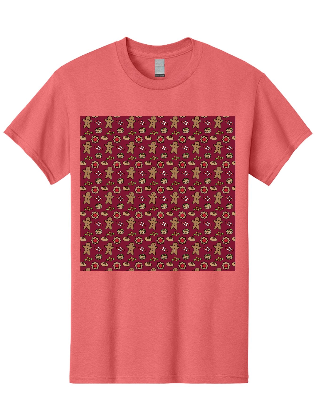 Gingerbread-Men-Pattern Men'S Graphic Tee, 100% Cotton, Comfortable Casual Summer Wear, Machine Washable, Gingerbread Men, Festive Holiday Pattern, Christmas Treats, Candy Canes, Cupcakes, Flowers, Red Background, Sweet Delights, Baking, -  Aaa904 12
