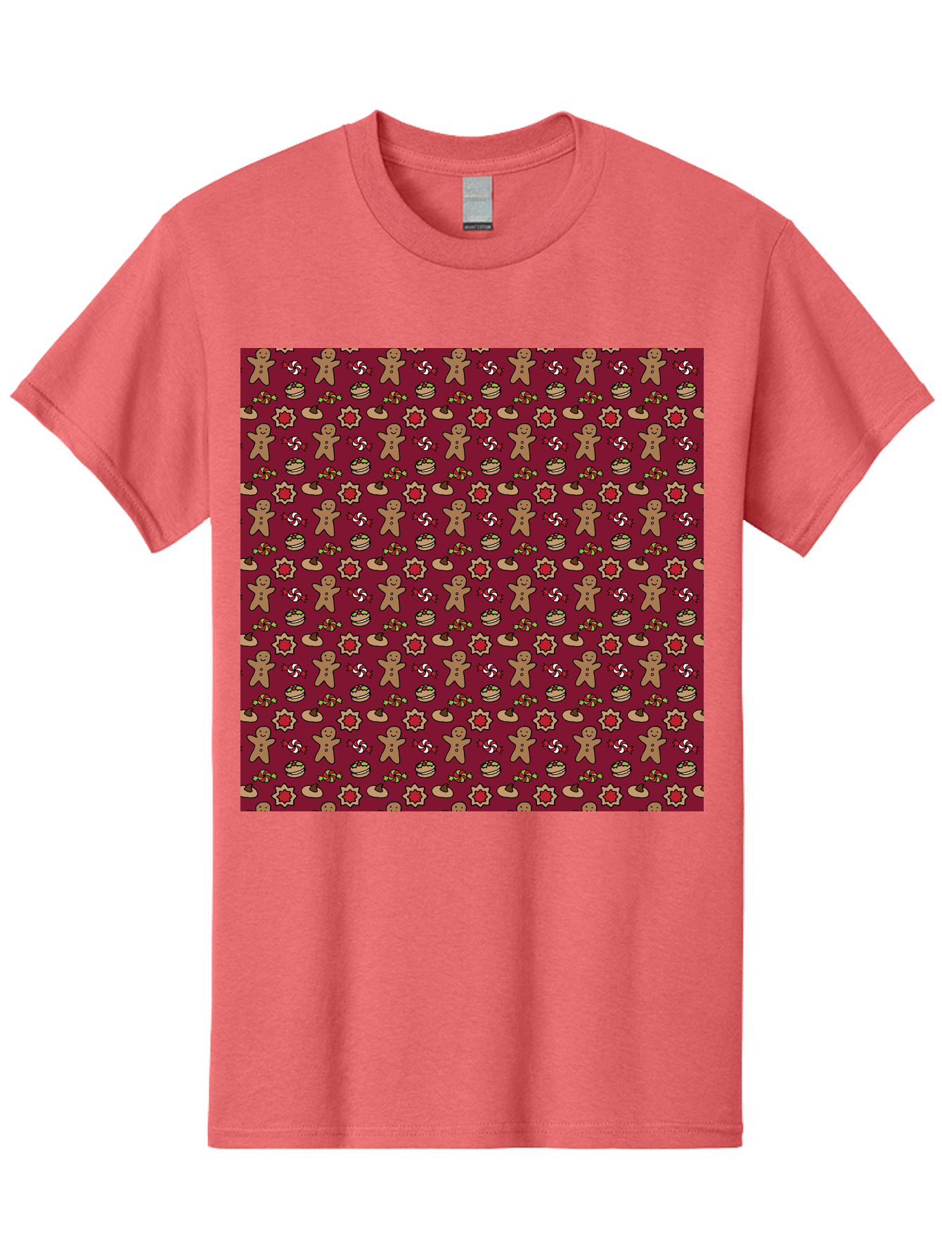 Gingerbread-Men-Pattern Men'S Graphic Tee, 100% Cotton, Comfortable Casual Summer Wear, Machine Washable, Gingerbread Men, Festive Holiday Pattern, Christmas Treats, Candy Canes, Cupcakes, Flowers, Red Background, Sweet Delights, Baking, -  Aaa904 21