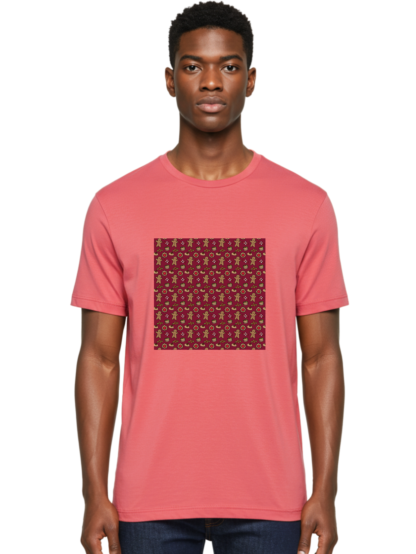 Gingerbread-Men-Pattern Men'S Graphic Tee, 100% Cotton, Comfortable Casual Summer Wear, Machine Washable, Gingerbread Men, Festive Holiday Pattern, Christmas Treats, Candy Canes, Cupcakes, Flowers, Red Background, Sweet Delights, Baking, -  Aaa904 22