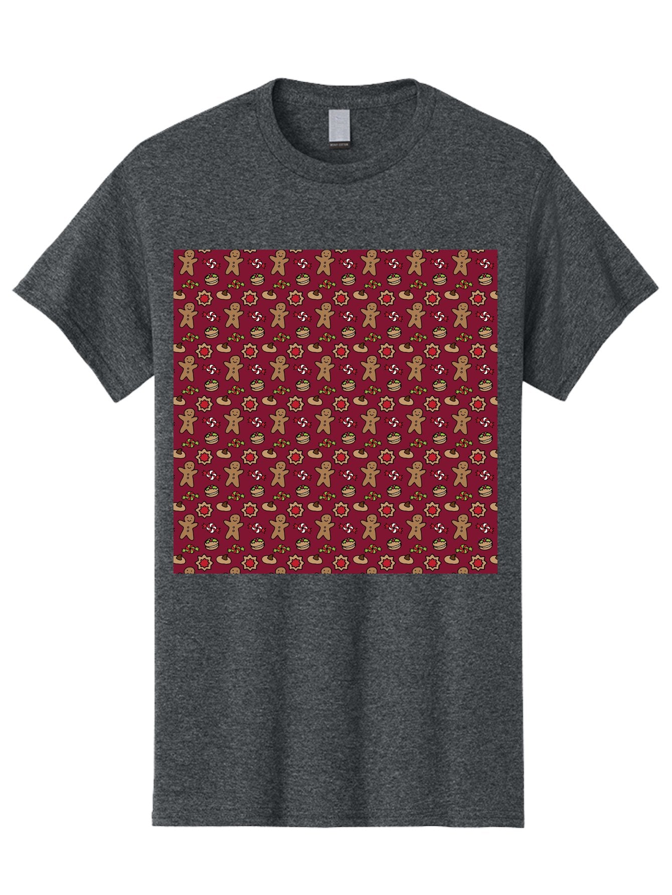 Gingerbread-Men-Pattern Men'S Graphic Tee, 100% Cotton, Comfortable Casual Summer Wear, Machine Washable, Gingerbread Men, Festive Holiday Pattern, Christmas Treats, Candy Canes, Cupcakes, Flowers, Red Background, Sweet Delights, Baking, -  Aaa904