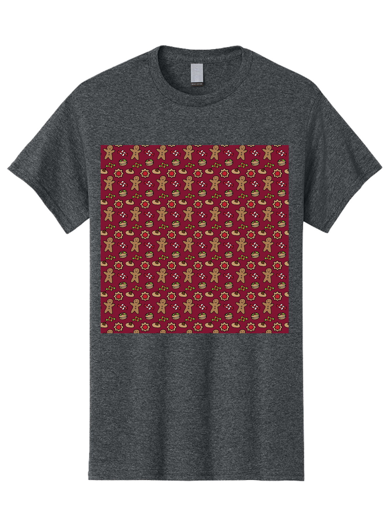 Gingerbread-Men-Pattern Men'S Graphic Tee, 100% Cotton, Comfortable Casual Summer Wear, Machine Washable, Gingerbread Men, Festive Holiday Pattern, Christmas Treats, Candy Canes, Cupcakes, Flowers, Red Background, Sweet Delights, Baking, -  Aaa904 25