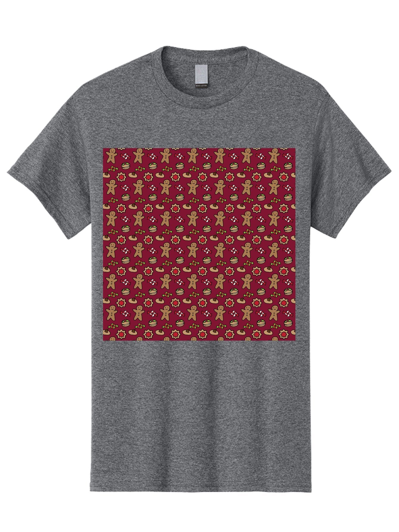 Gingerbread-Men-Pattern Men'S Graphic Tee, 100% Cotton, Comfortable Casual Summer Wear, Machine Washable, Gingerbread Men, Festive Holiday Pattern, Christmas Treats, Candy Canes, Cupcakes, Flowers, Red Background, Sweet Delights, Baking, -  Aaa904 8
