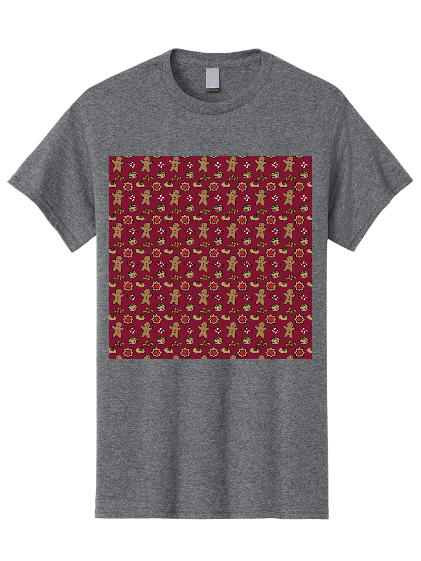 Gingerbread-Men-Pattern Men'S Graphic Tee, 100% Cotton, Comfortable Casual Summer Wear, Machine Washable, Gingerbread Men, Festive Holiday Pattern, Christmas Treats, Candy Canes, Cupcakes, Flowers, Red Background, Sweet Delights, Baking, -  Aaa904 27