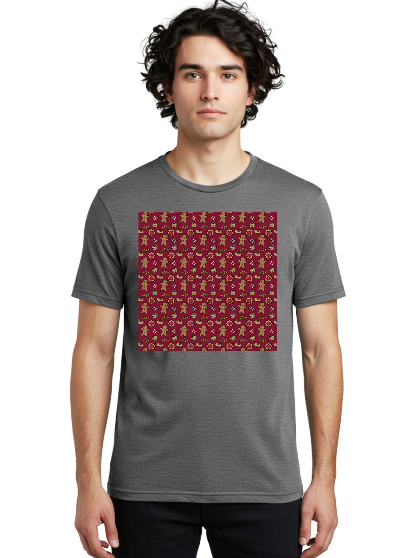 Gingerbread-Men-Pattern Men'S Graphic Tee, 100% Cotton, Comfortable Casual Summer Wear, Machine Washable, Gingerbread Men, Festive Holiday Pattern, Christmas Treats, Candy Canes, Cupcakes, Flowers, Red Background, Sweet Delights, Baking, -  Aaa904 28