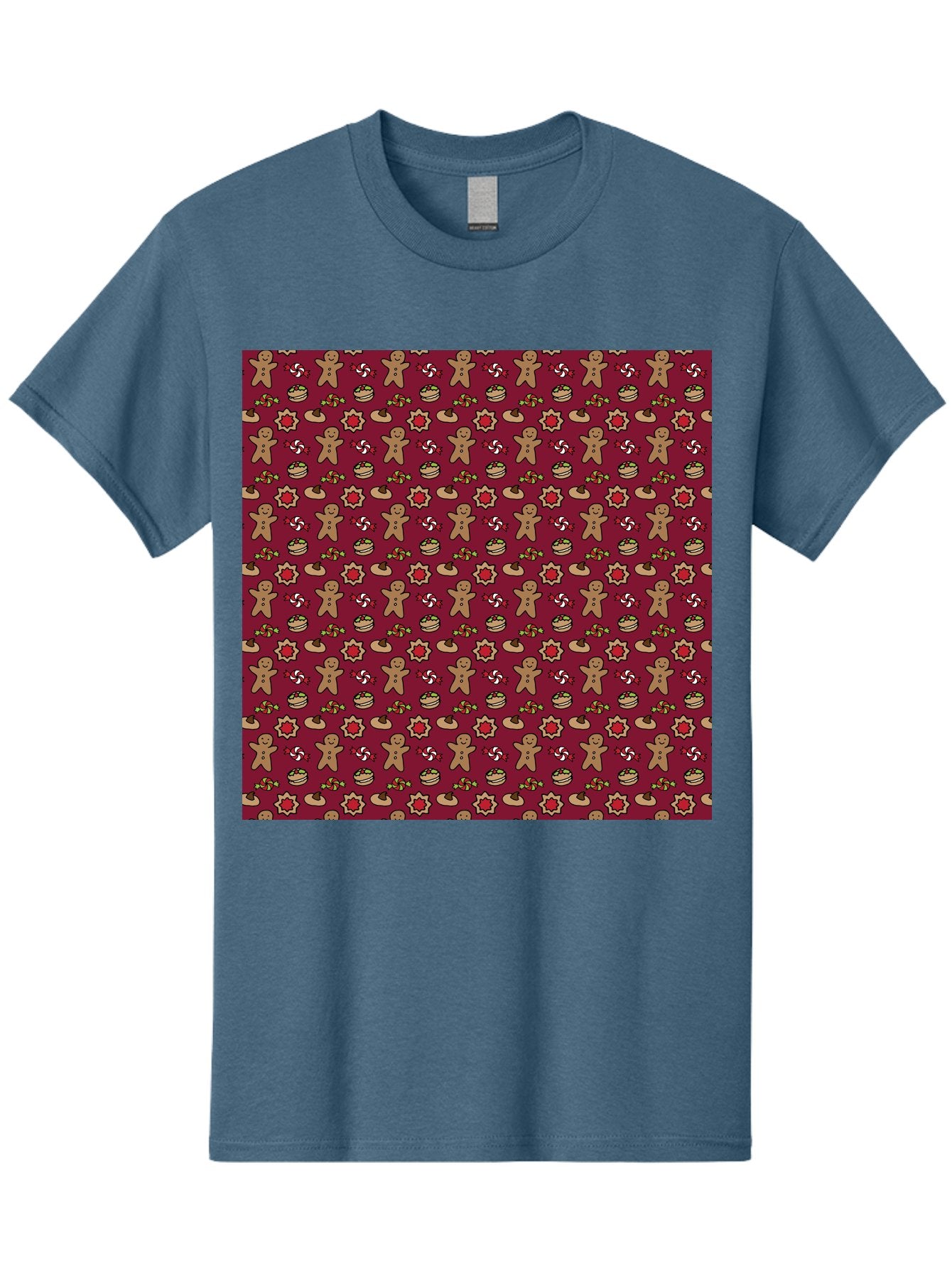 Gingerbread-Men-Pattern Men'S Graphic Tee, 100% Cotton, Comfortable Casual Summer Wear, Machine Washable, Gingerbread Men, Festive Holiday Pattern, Christmas Treats, Candy Canes, Cupcakes, Flowers, Red Background, Sweet Delights, Baking, -  Aaa904 14