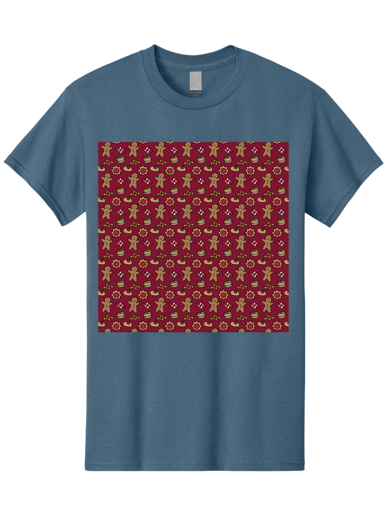 Gingerbread-Men-Pattern Men'S Graphic Tee, 100% Cotton, Comfortable Casual Summer Wear, Machine Washable, Gingerbread Men, Festive Holiday Pattern, Christmas Treats, Candy Canes, Cupcakes, Flowers, Red Background, Sweet Delights, Baking, -  Aaa904 13