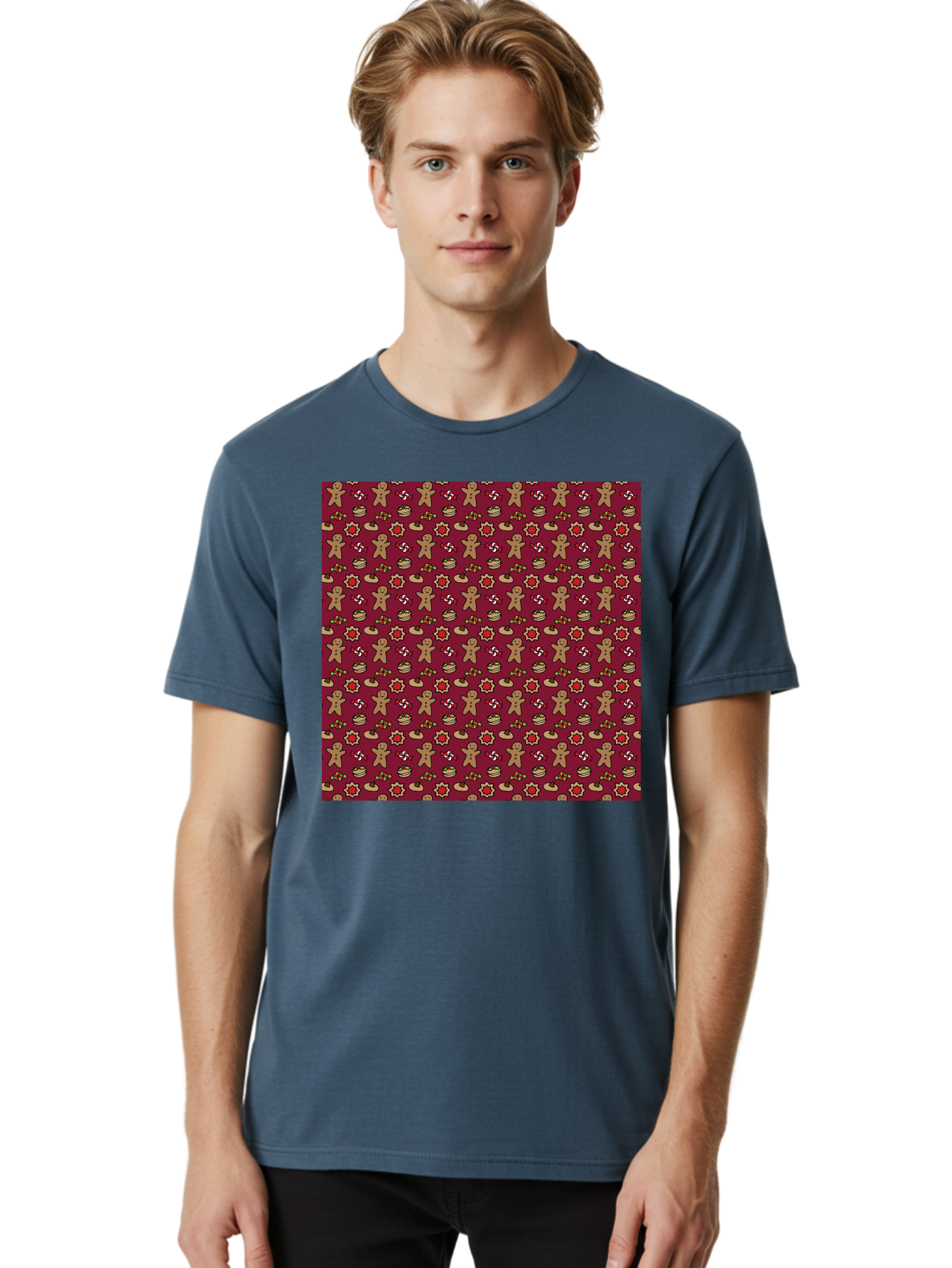 Gingerbread-Men-Pattern Men'S Graphic Tee, 100% Cotton, Comfortable Casual Summer Wear, Machine Washable, Gingerbread Men, Festive Holiday Pattern, Christmas Treats, Candy Canes, Cupcakes, Flowers, Red Background, Sweet Delights, Baking, -  Aaa904 14