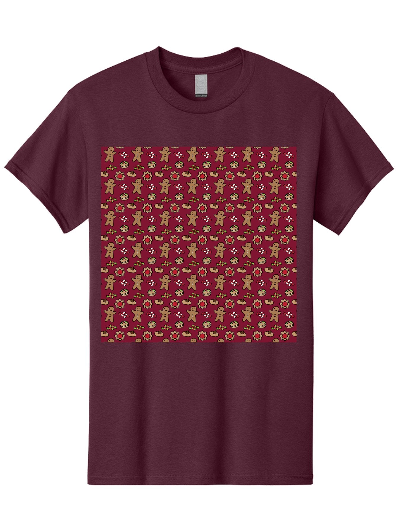 Gingerbread-Men-Pattern Men'S Graphic Tee, 100% Cotton, Comfortable Casual Summer Wear, Machine Washable, Gingerbread Men, Festive Holiday Pattern, Christmas Treats, Candy Canes, Cupcakes, Flowers, Red Background, Sweet Delights, Baking, -  Aaa904 4