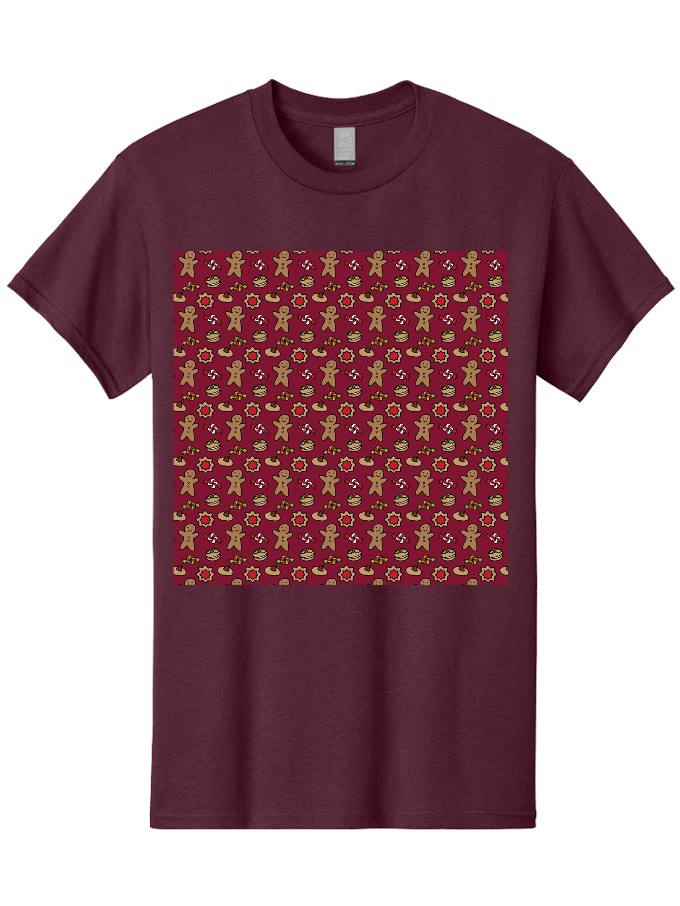 Gingerbread-Men-Pattern Men'S Graphic Tee, 100% Cotton, Comfortable Casual Summer Wear, Machine Washable, Gingerbread Men, Festive Holiday Pattern, Christmas Treats, Candy Canes, Cupcakes, Flowers, Red Background, Sweet Delights, Baking, -  Aaa904 3