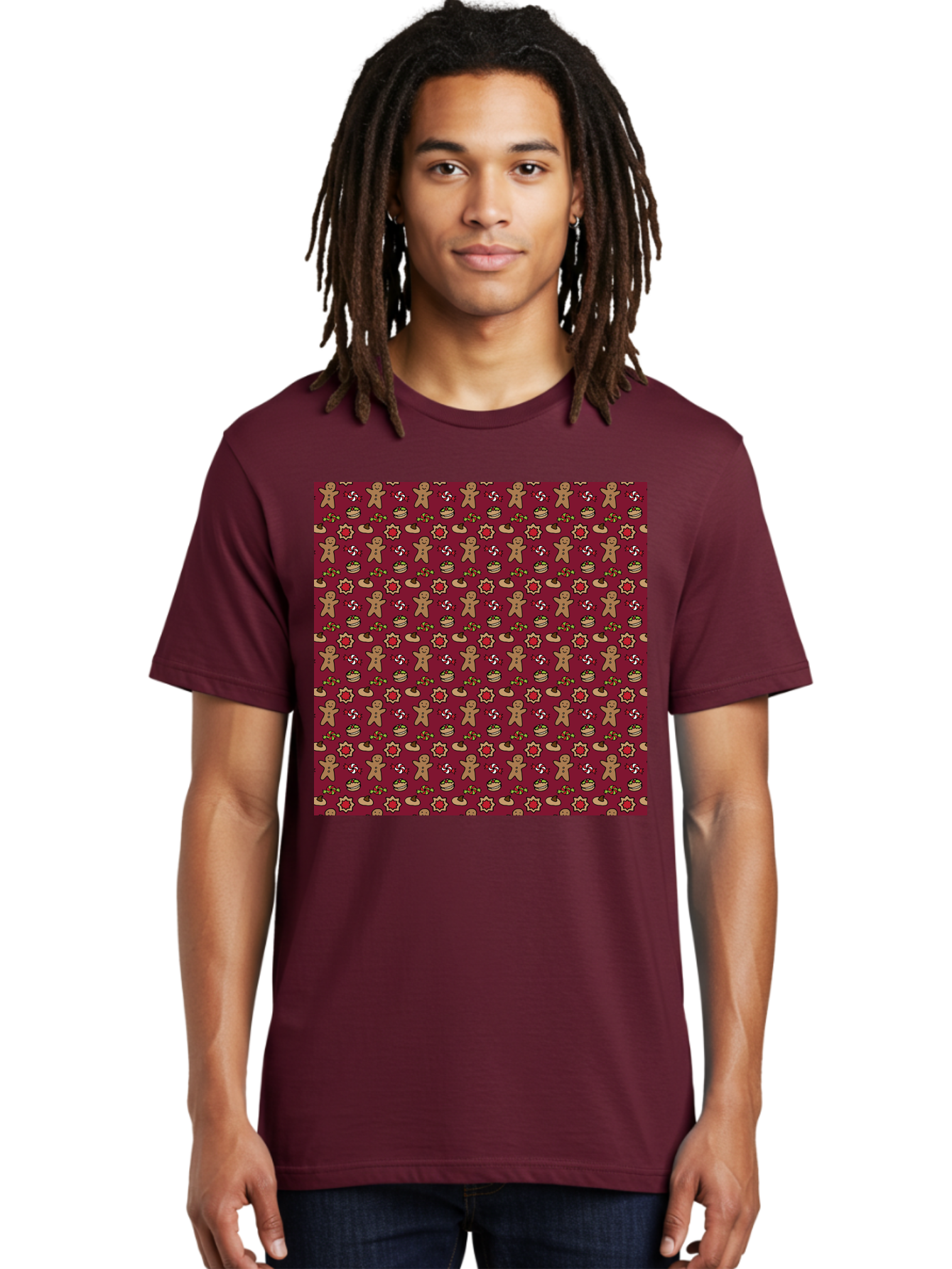 Gingerbread-Men-Pattern Men'S Graphic Tee, 100% Cotton, Comfortable Casual Summer Wear, Machine Washable, Gingerbread Men, Festive Holiday Pattern, Christmas Treats, Candy Canes, Cupcakes, Flowers, Red Background, Sweet Delights, Baking, -  Aaa904 4