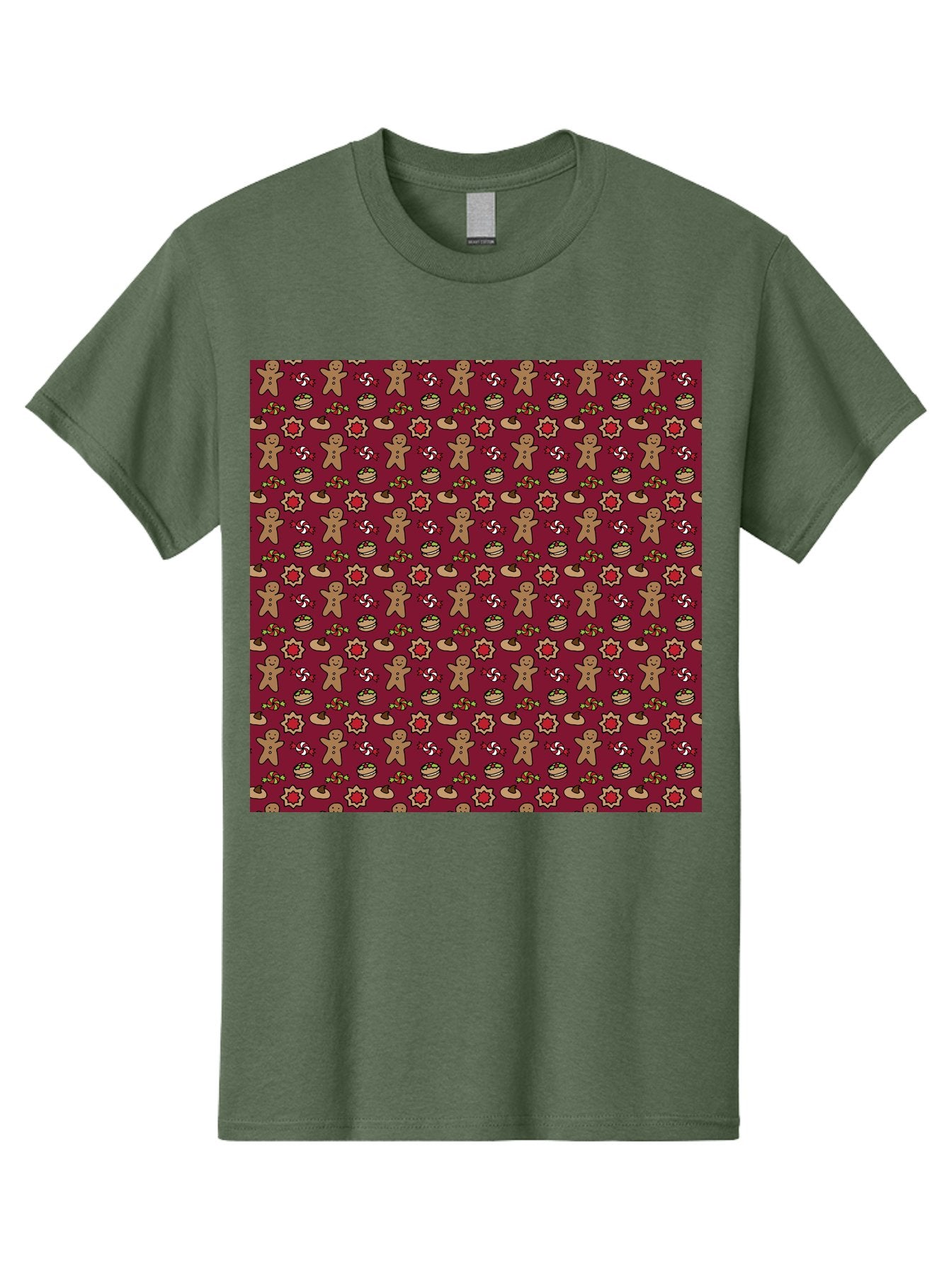 Gingerbread-Men-Pattern Men'S Graphic Tee, 100% Cotton, Comfortable Casual Summer Wear, Machine Washable, Gingerbread Men, Festive Holiday Pattern, Christmas Treats, Candy Canes, Cupcakes, Flowers, Red Background, Sweet Delights, Baking, -  Aaa904 15