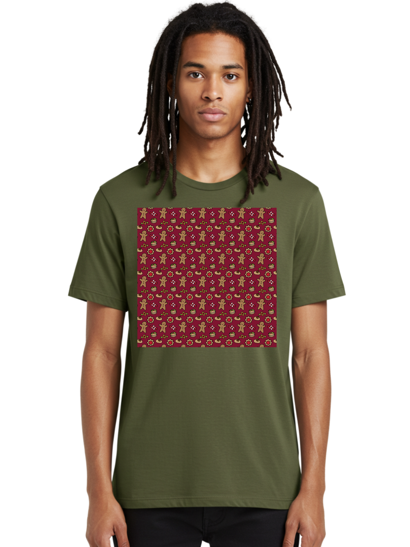 Gingerbread-Men-Pattern Men'S Graphic Tee, 100% Cotton, Comfortable Casual Summer Wear, Machine Washable, Gingerbread Men, Festive Holiday Pattern, Christmas Treats, Candy Canes, Cupcakes, Flowers, Red Background, Sweet Delights, Baking, -  Aaa904 6