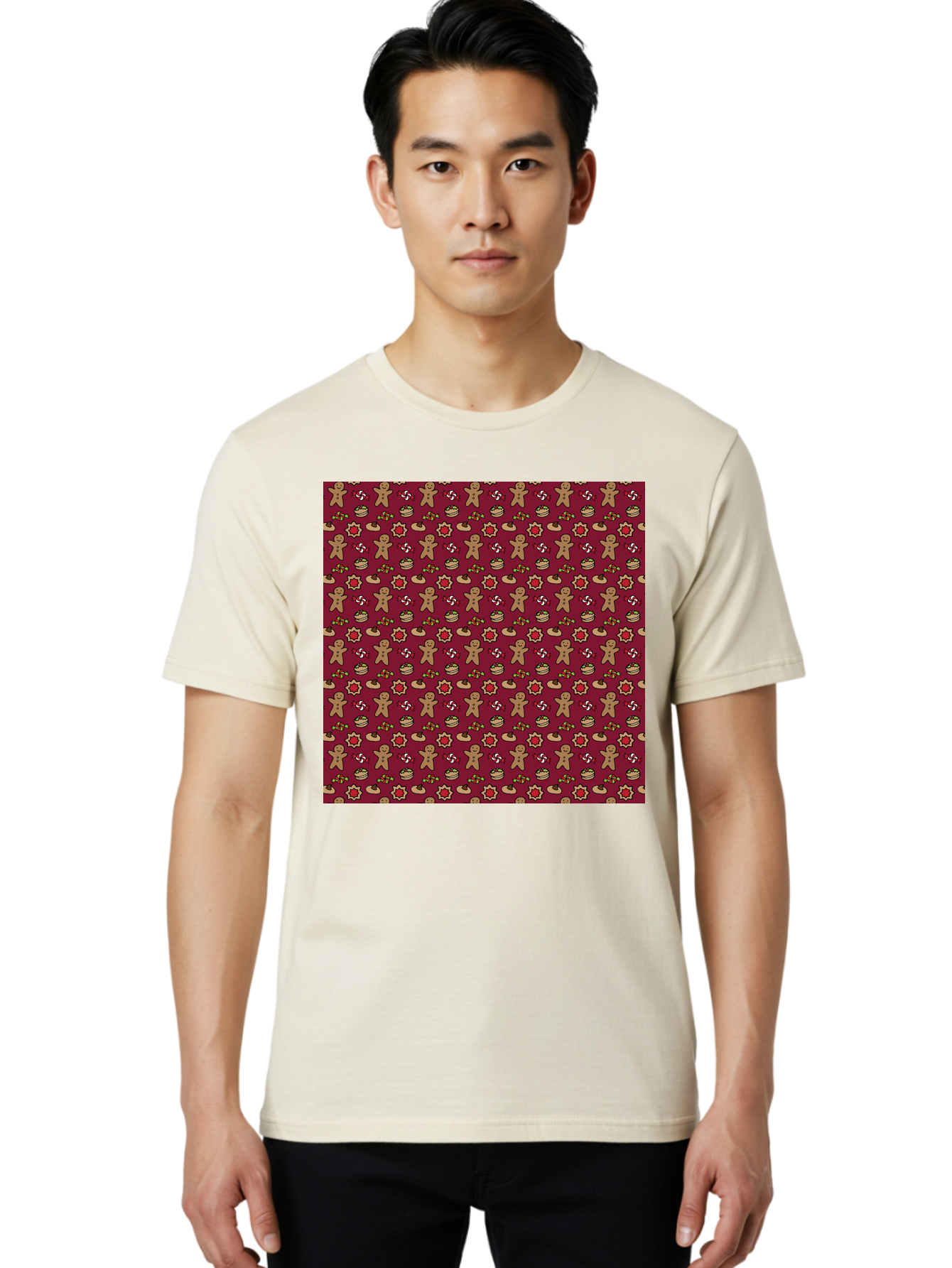 Gingerbread-Men-Pattern Men'S Graphic Tee, 100% Cotton, Comfortable Casual Summer Wear, Machine Washable, Gingerbread Men, Festive Holiday Pattern, Christmas Treats, Candy Canes, Cupcakes, Flowers, Red Background, Sweet Delights, Baking, -  Aaa904 20