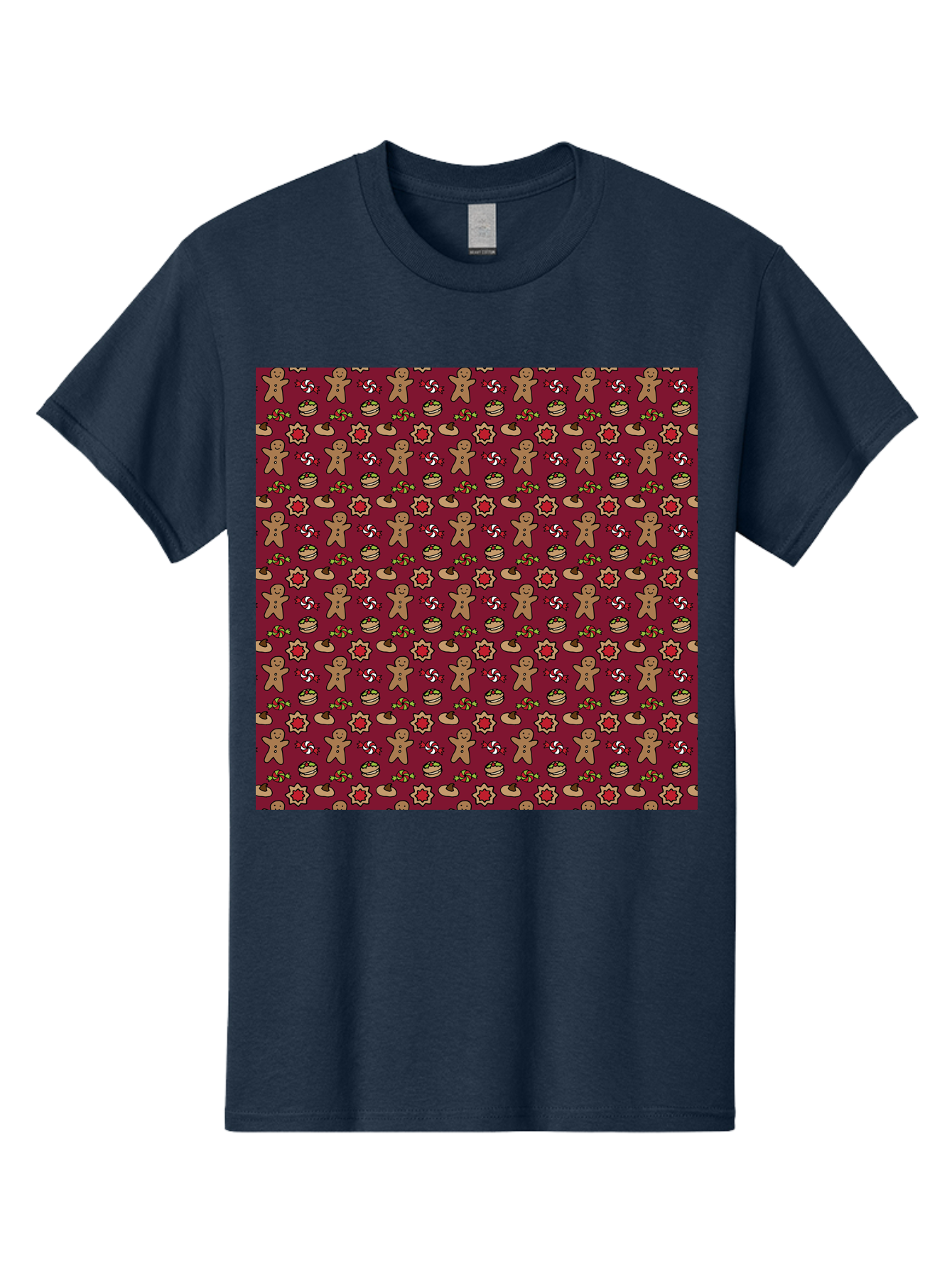 Gingerbread-Men-Pattern Men'S Graphic Tee, 100% Cotton, Comfortable Casual Summer Wear, Machine Washable, Gingerbread Men, Festive Holiday Pattern, Christmas Treats, Candy Canes, Cupcakes, Flowers, Red Background, Sweet Delights, Baking, -  Aaa904 7
