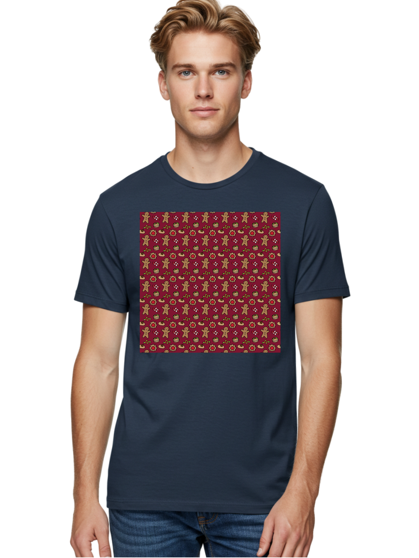 Gingerbread-Men-Pattern Men'S Graphic Tee, 100% Cotton, Comfortable Casual Summer Wear, Machine Washable, Gingerbread Men, Festive Holiday Pattern, Christmas Treats, Candy Canes, Cupcakes, Flowers, Red Background, Sweet Delights, Baking, -  Aaa904 8