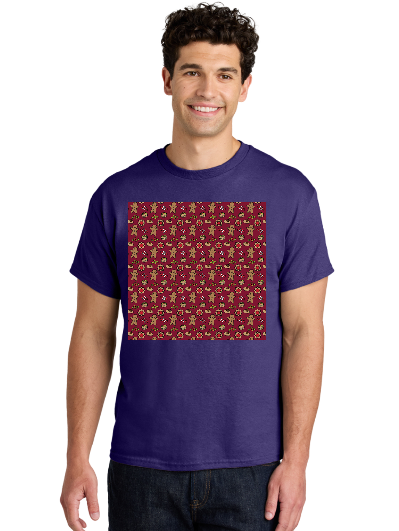 Gingerbread-Men-Pattern Men'S Graphic Tee, 100% Cotton, Comfortable Casual Summer Wear, Machine Washable, Gingerbread Men, Festive Holiday Pattern, Christmas Treats, Candy Canes, Cupcakes, Flowers, Red Background, Sweet Delights, Baking, -  Aaa904 12