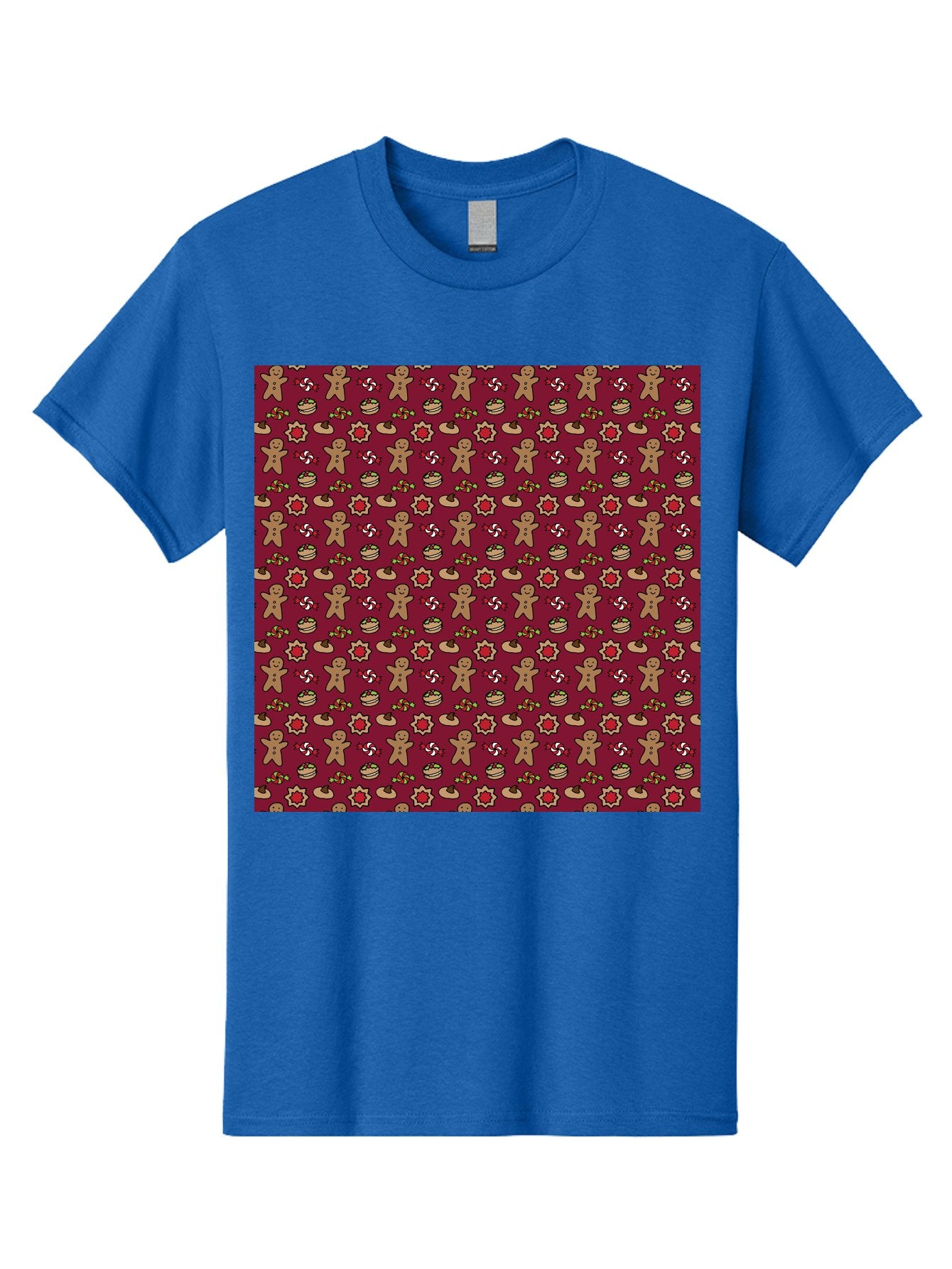 Gingerbread-Men-Pattern Men'S Graphic Tee, 100% Cotton, Comfortable Casual Summer Wear, Machine Washable, Gingerbread Men, Festive Holiday Pattern, Christmas Treats, Candy Canes, Cupcakes, Flowers, Red Background, Sweet Delights, Baking, -  Aaa904 10