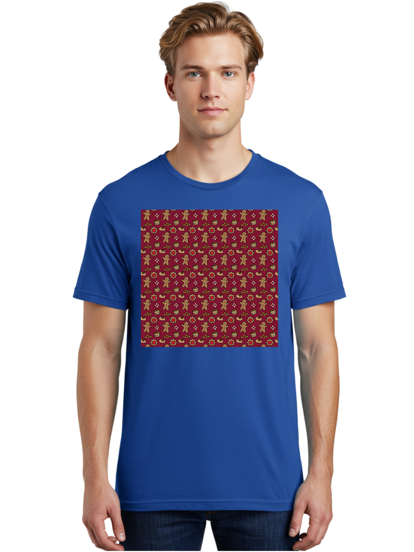 Gingerbread-Men-Pattern Men'S Graphic Tee, 100% Cotton, Comfortable Casual Summer Wear, Machine Washable, Gingerbread Men, Festive Holiday Pattern, Christmas Treats, Candy Canes, Cupcakes, Flowers, Red Background, Sweet Delights, Baking, -  Aaa904 16
