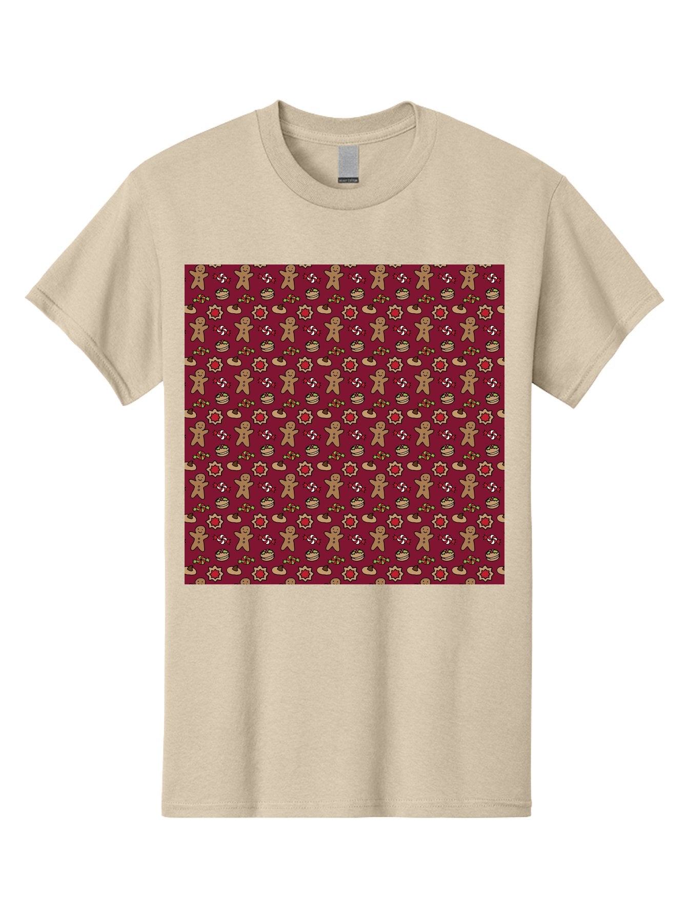 Gingerbread-Men-Pattern Men'S Graphic Tee, 100% Cotton, Comfortable Casual Summer Wear, Machine Washable, Gingerbread Men, Festive Holiday Pattern, Christmas Treats, Candy Canes, Cupcakes, Flowers, Red Background, Sweet Delights, Baking, -  Aaa904 7