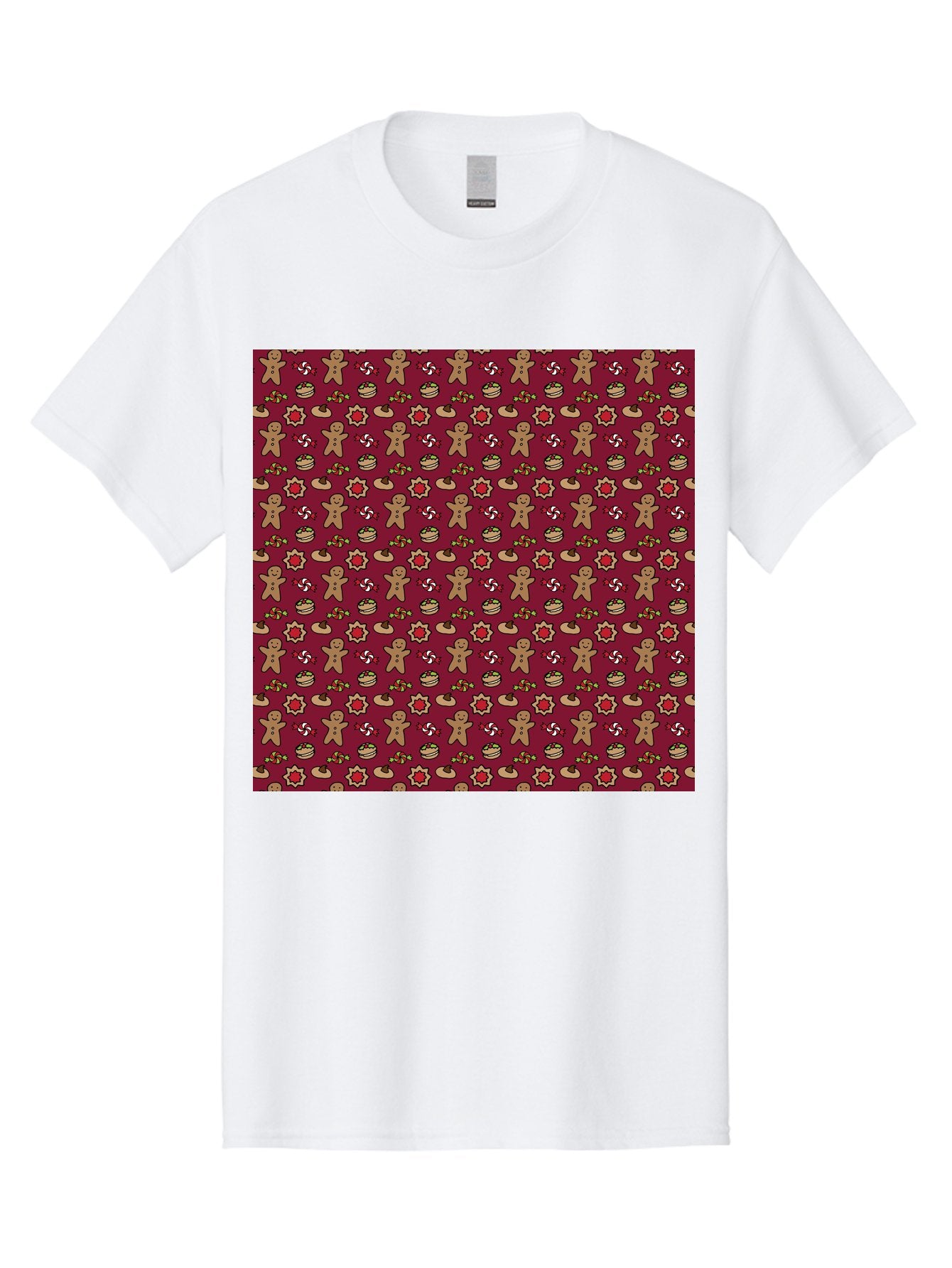 Gingerbread-Men-Pattern Men'S Graphic Tee, 100% Cotton, Comfortable Casual Summer Wear, Machine Washable, Gingerbread Men, Festive Holiday Pattern, Christmas Treats, Candy Canes, Cupcakes, Flowers, Red Background, Sweet Delights, Baking, -  Aaa904