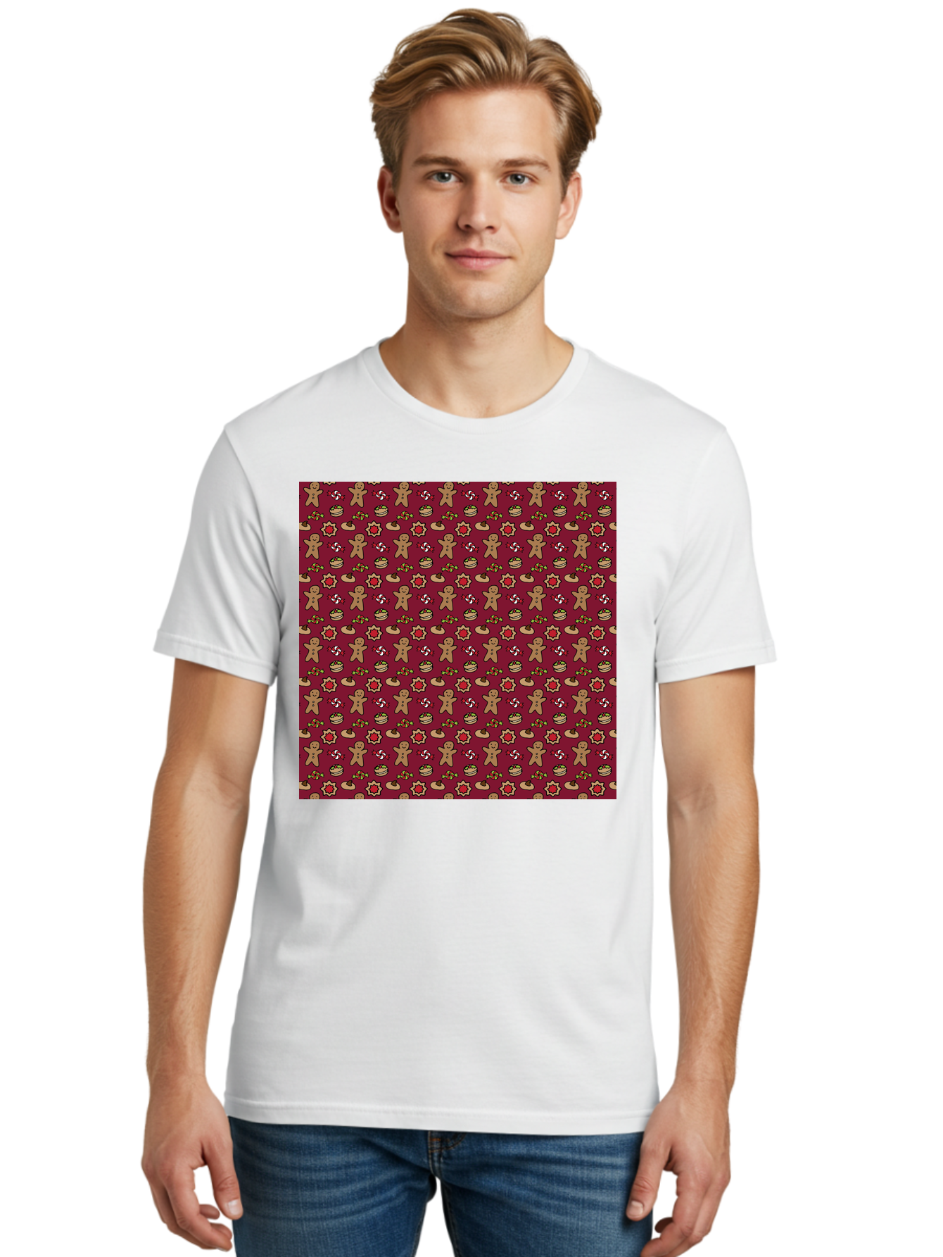 Gingerbread-Men-Pattern Men'S Graphic Tee, 100% Cotton, Comfortable Casual Summer Wear, Machine Washable, Gingerbread Men, Festive Holiday Pattern, Christmas Treats, Candy Canes, Cupcakes, Flowers, Red Background, Sweet Delights, Baking, -  Aaa904 10