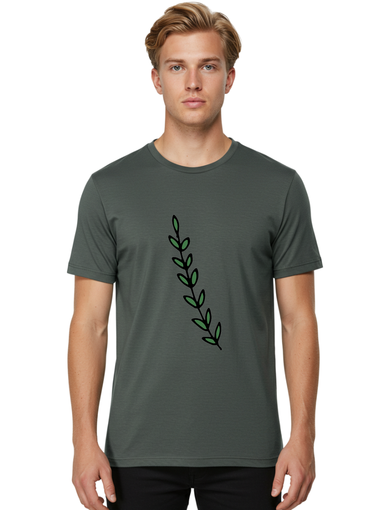 Green-Leaves Men'S Graphic Tee, 100% Cotton, Comfortable Casual Summer Wear, Machine Washable, Simple Stem, Leafy Greens, Minimalist Design, Dark Gray Leaves, Black Outline, Botanical Illustration, Modern Graphics -  Aaa906 4
