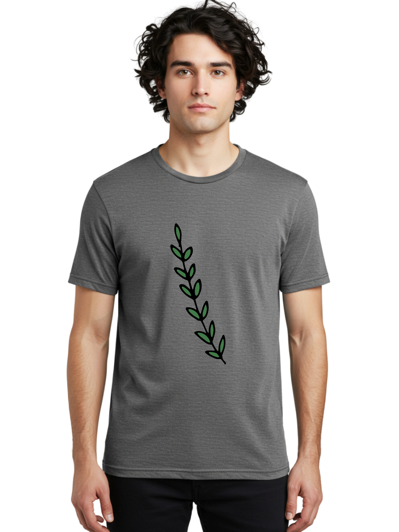 Green-Leaves Men'S Graphic Tee, 100% Cotton, Comfortable Casual Summer Wear, Machine Washable, Simple Stem, Leafy Greens, Minimalist Design, Dark Gray Leaves, Black Outline, Botanical Illustration, Modern Graphics -  Aaa906 10