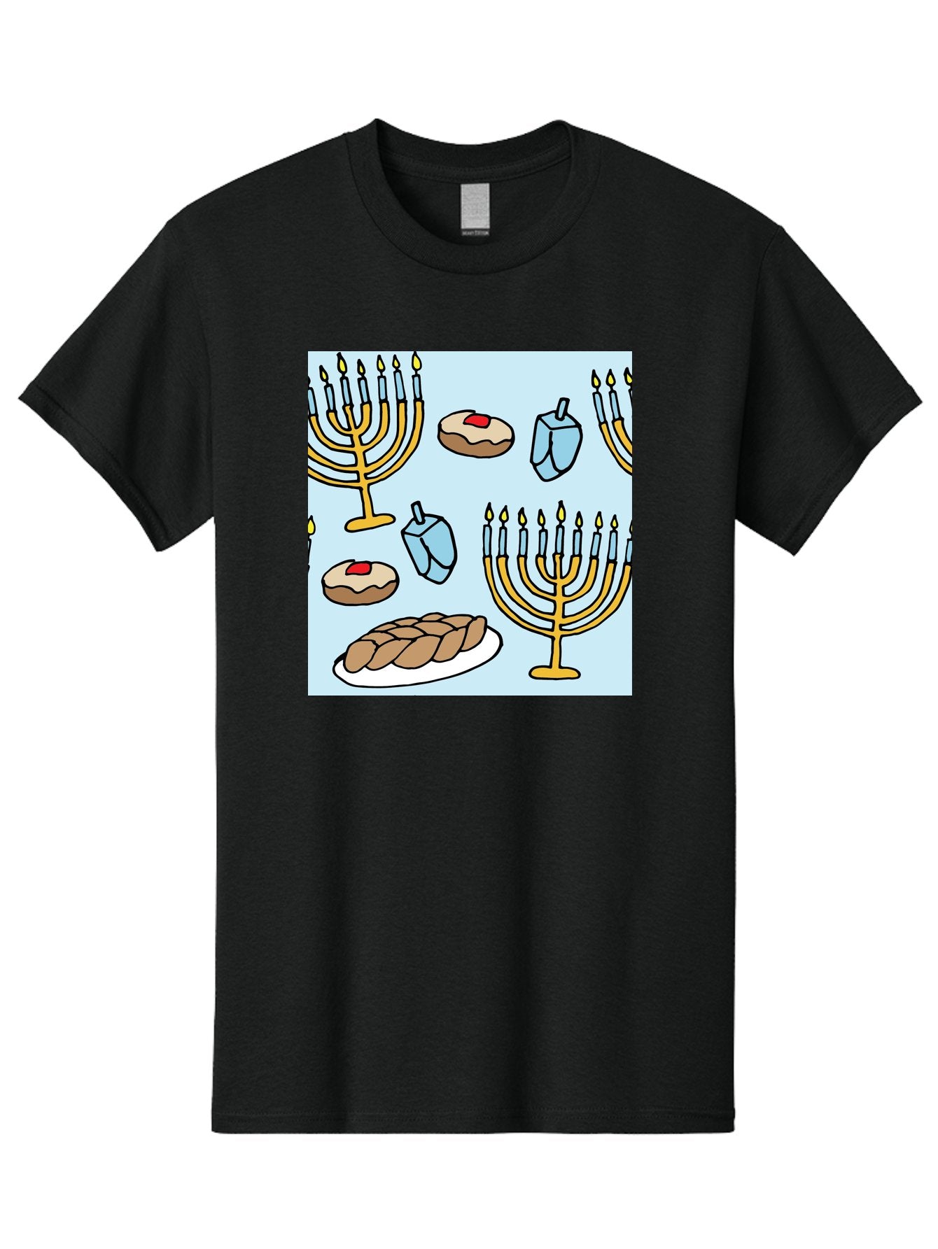 Hanukkah-Symbols Men'S Graphic Tee, 100% Cotton, Comfortable Casual Summer Wear, Machine Washable, Menorahs With Lit Candles, Sufganiyot Jelly Donuts, Dreidels, Challah Bread, Hanukkah Traditions, Jewish Holiday, Festive Food, -  Aaa910 9