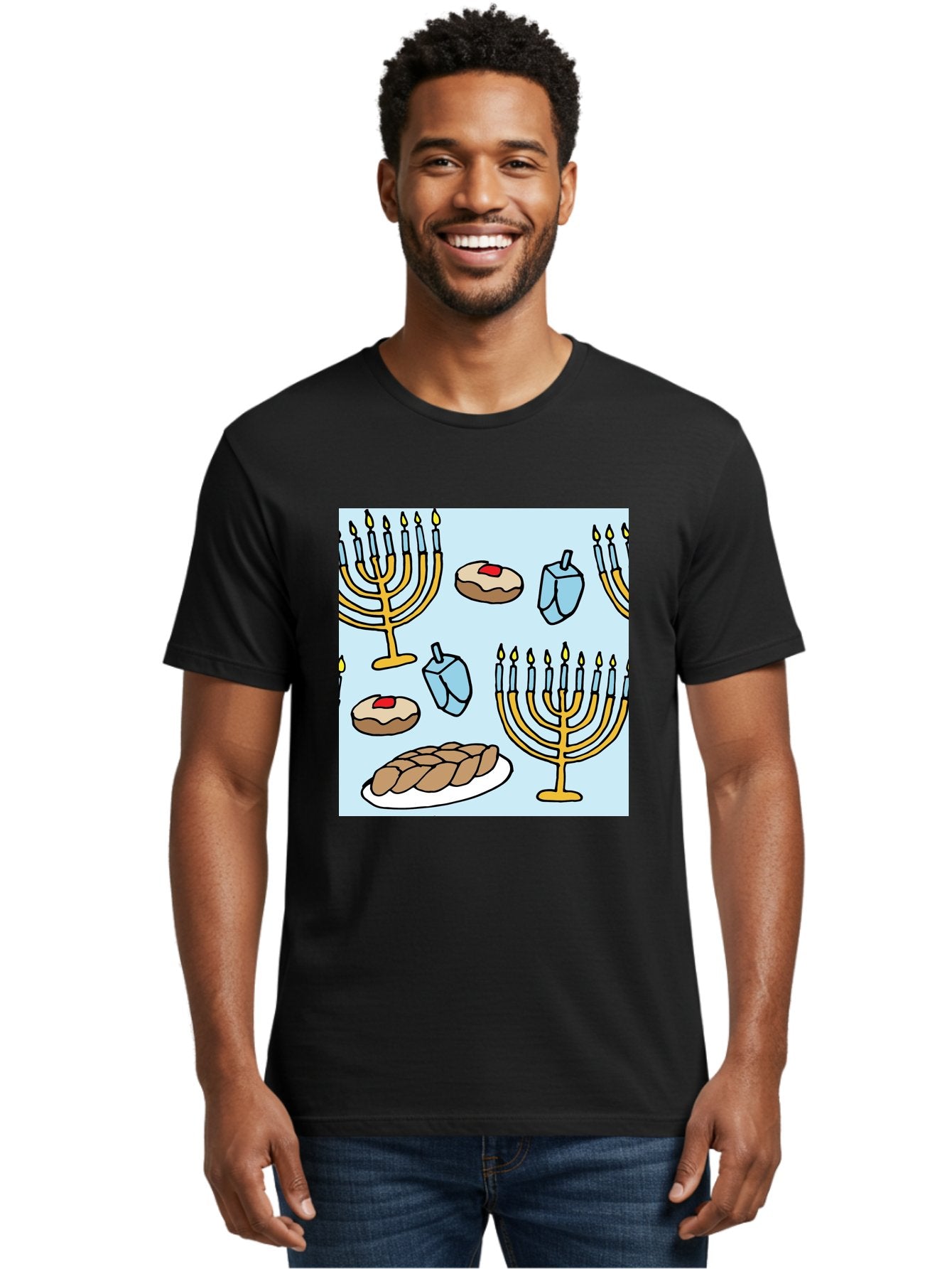 Hanukkah-Symbols Men'S Graphic Tee, 100% Cotton, Comfortable Casual Summer Wear, Machine Washable, Menorahs With Lit Candles, Sufganiyot Jelly Donuts, Dreidels, Challah Bread, Hanukkah Traditions, Jewish Holiday, Festive Food, -  Aaa910 26
