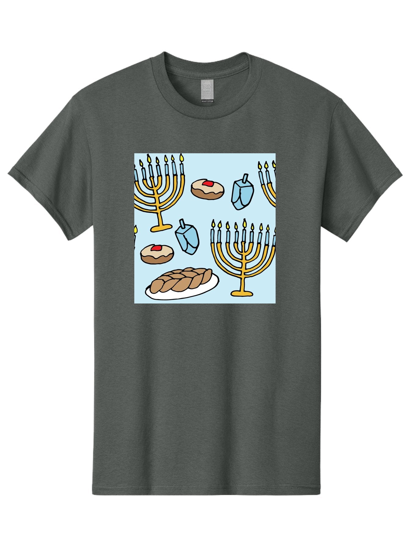 Hanukkah-Symbols Men'S Graphic Tee, 100% Cotton, Comfortable Casual Summer Wear, Machine Washable, Menorahs With Lit Candles, Sufganiyot Jelly Donuts, Dreidels, Challah Bread, Hanukkah Traditions, Jewish Holiday, Festive Food, -  Aaa910 14