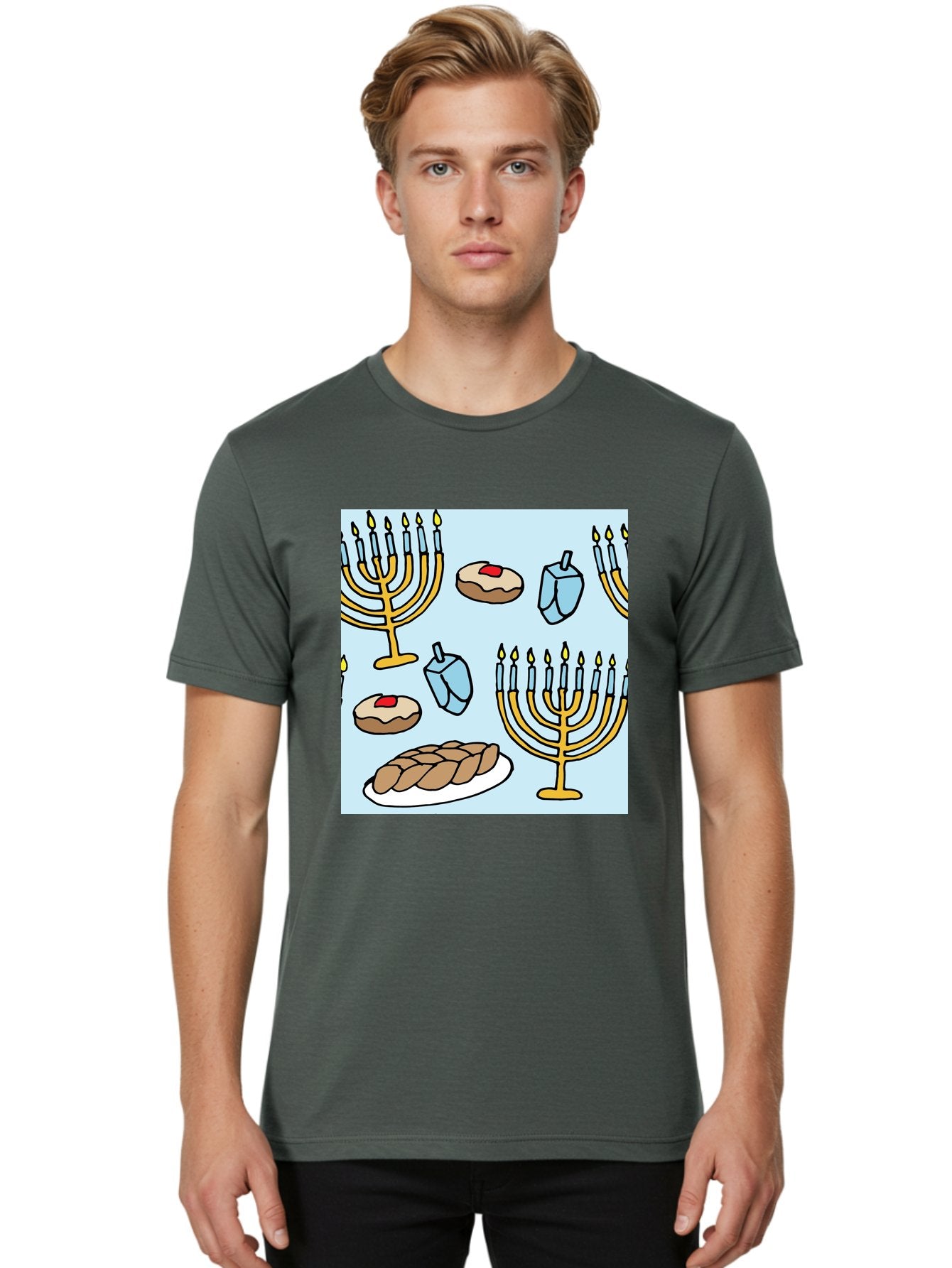 Hanukkah-Symbols Men'S Graphic Tee, 100% Cotton, Comfortable Casual Summer Wear, Machine Washable, Menorahs With Lit Candles, Sufganiyot Jelly Donuts, Dreidels, Challah Bread, Hanukkah Traditions, Jewish Holiday, Festive Food, -  Aaa910 29