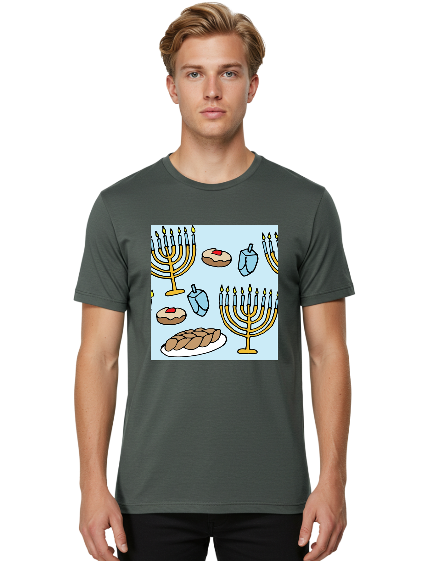 Hanukkah-Symbols Men'S Graphic Tee, 100% Cotton, Comfortable Casual Summer Wear, Machine Washable, Menorahs With Lit Candles, Sufganiyot Jelly Donuts, Dreidels, Challah Bread, Hanukkah Traditions, Jewish Holiday, Festive Food, -  Aaa910 4