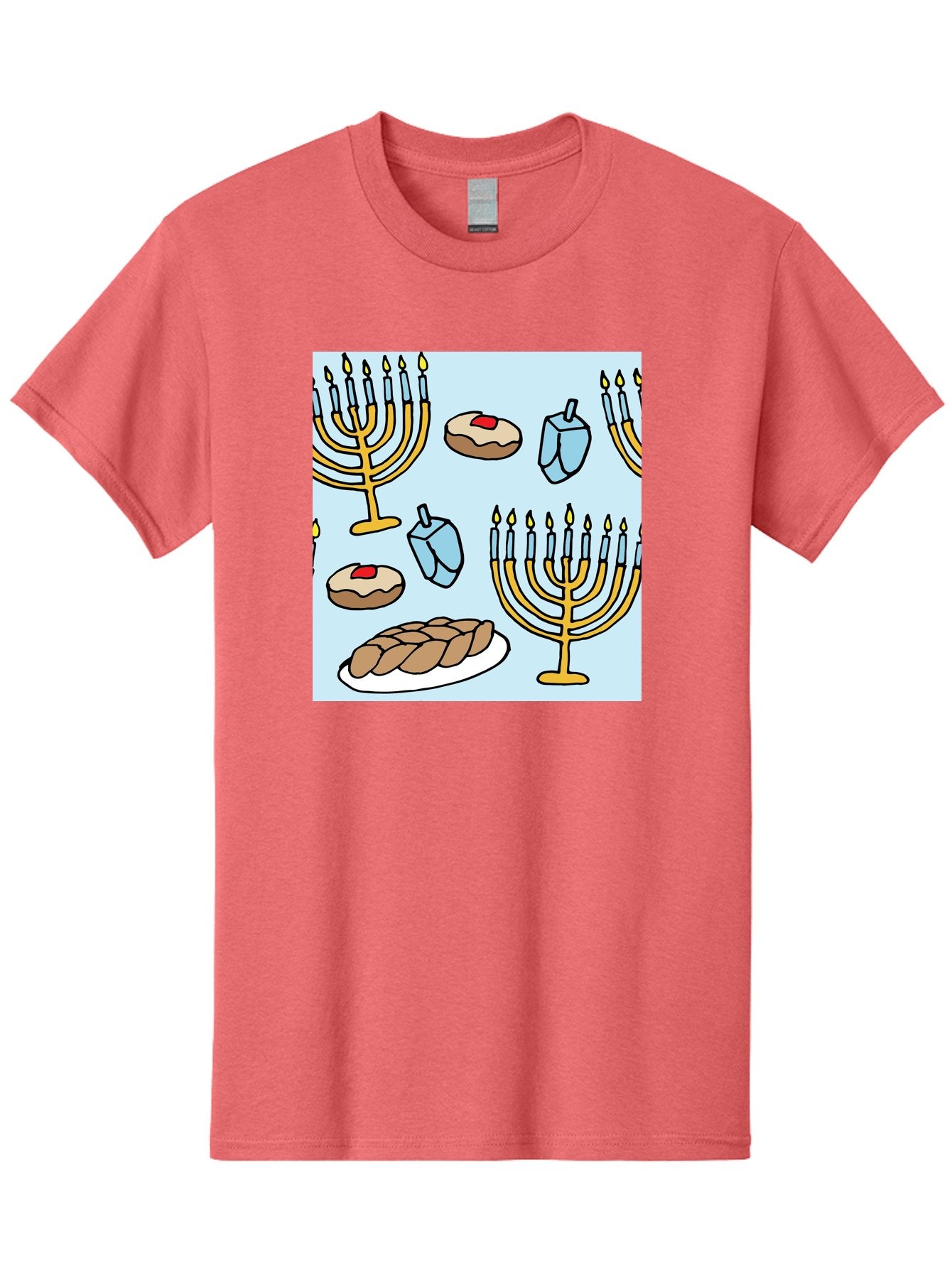 Hanukkah-Symbols Men'S Graphic Tee, 100% Cotton, Comfortable Casual Summer Wear, Machine Washable, Menorahs With Lit Candles, Sufganiyot Jelly Donuts, Dreidels, Challah Bread, Hanukkah Traditions, Jewish Holiday, Festive Food, -  Aaa910