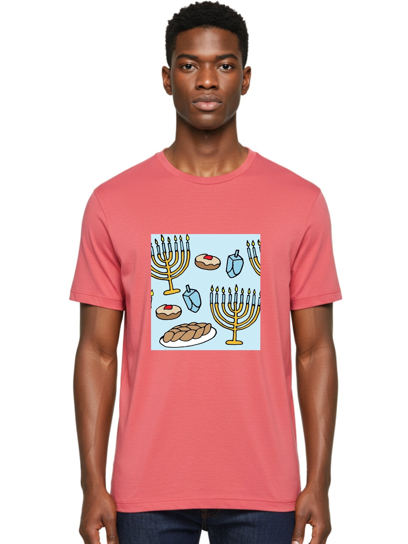 Hanukkah-Symbols Men'S Graphic Tee, 100% Cotton, Comfortable Casual Summer Wear, Machine Washable, Menorahs With Lit Candles, Sufganiyot Jelly Donuts, Dreidels, Challah Bread, Hanukkah Traditions, Jewish Holiday, Festive Food, -  Aaa910 19
