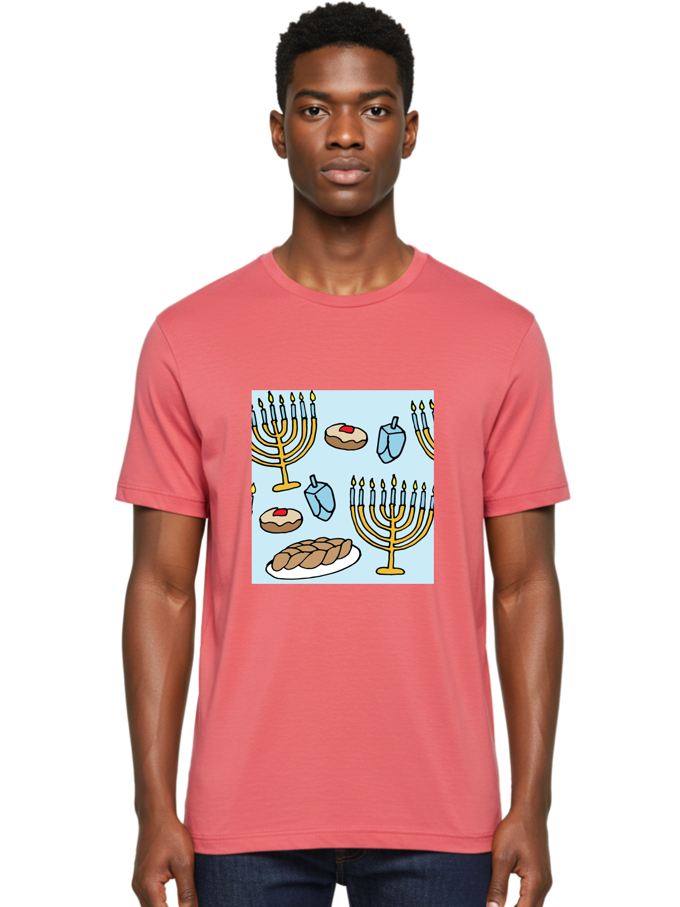 Hanukkah-Symbols Men'S Graphic Tee, 100% Cotton, Comfortable Casual Summer Wear, Machine Washable, Menorahs With Lit Candles, Sufganiyot Jelly Donuts, Dreidels, Challah Bread, Hanukkah Traditions, Jewish Holiday, Festive Food, -  Aaa910 6